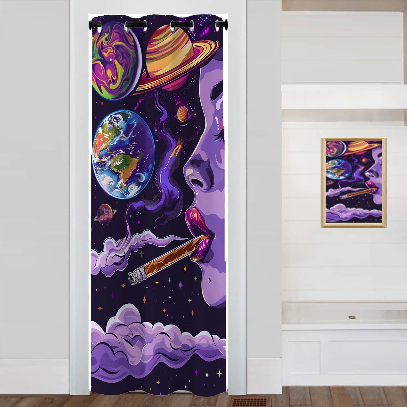 Hippie Doorway Curtain, Anime Cool Aesthetic Trippy Space Room Darkening Blackout Curtain for Privacy Bedroom Doorway Living Room, 1 Panel 34" W X 80" L