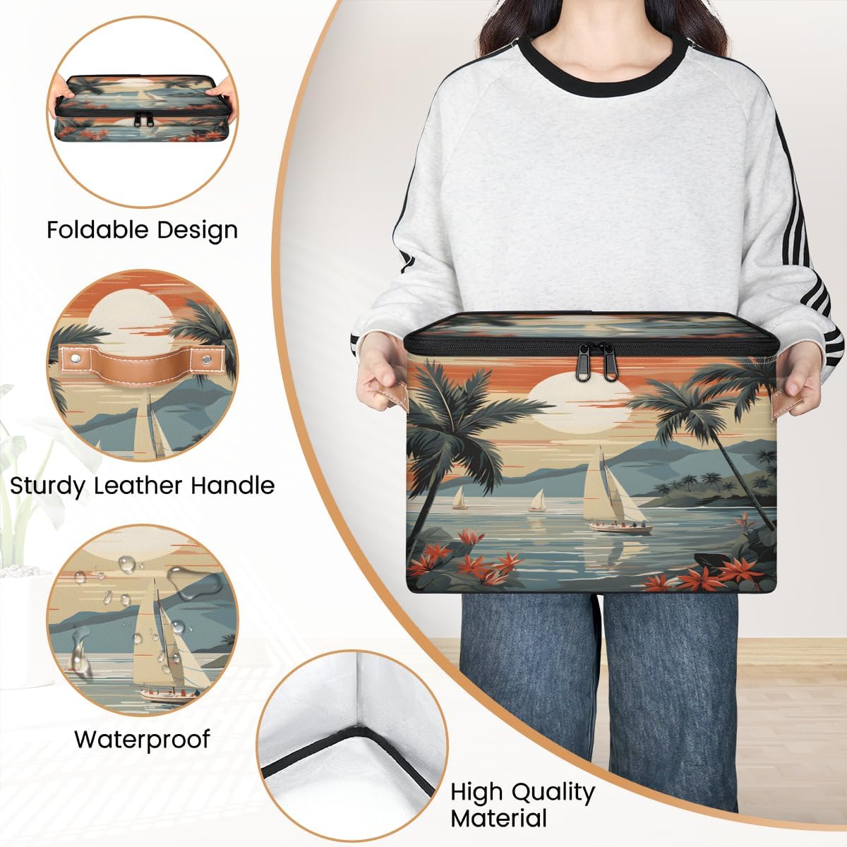 Storage Bin Set of 2 Summer Sea Sailboats Storage Basket with Zipper Lid & Handle Foldable Closet Shelf 2 Pack Cloth Organizer Basket Cube Bins Clothes Organizer for Bedroom, Nursery