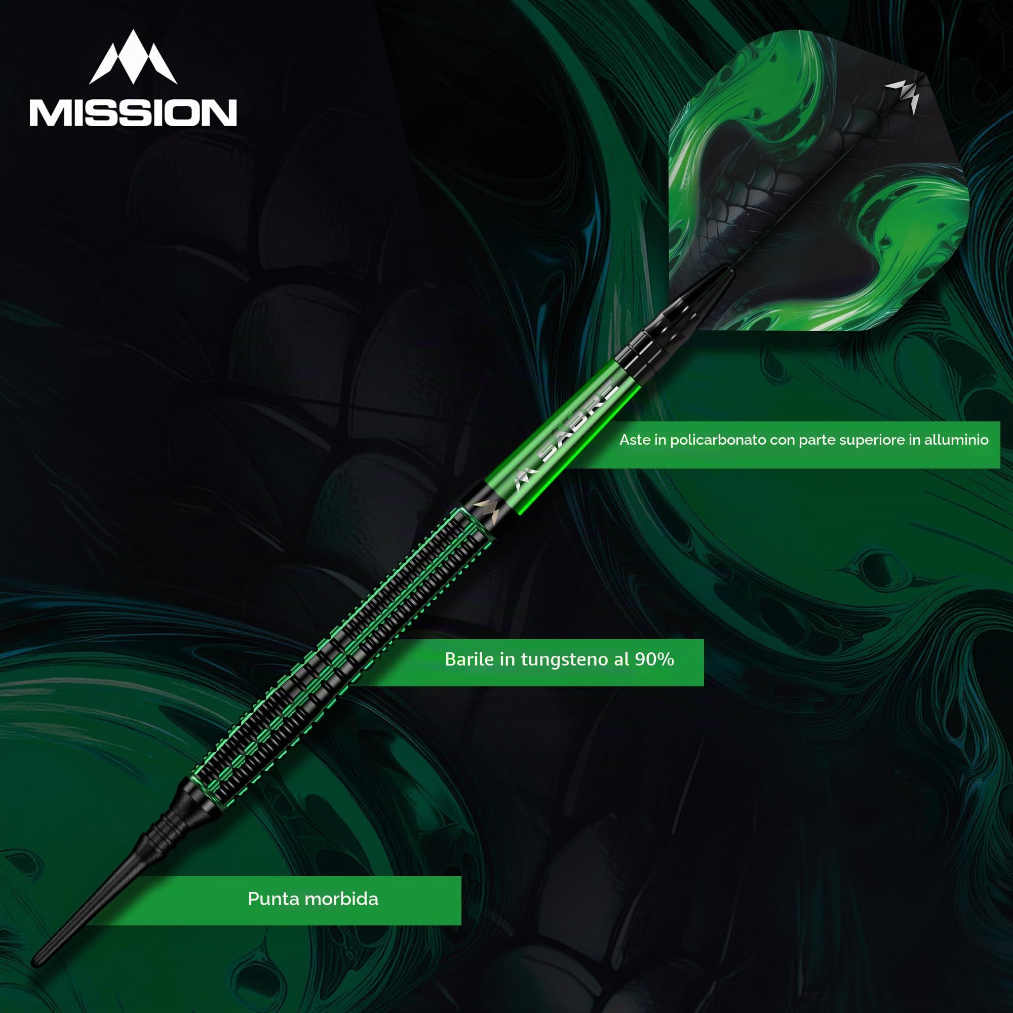 Mission Darts | Freccette Venom | Nero & Verde | Electro Plate | Set freccette punta morbida | 90% tungsteno | 20 g.