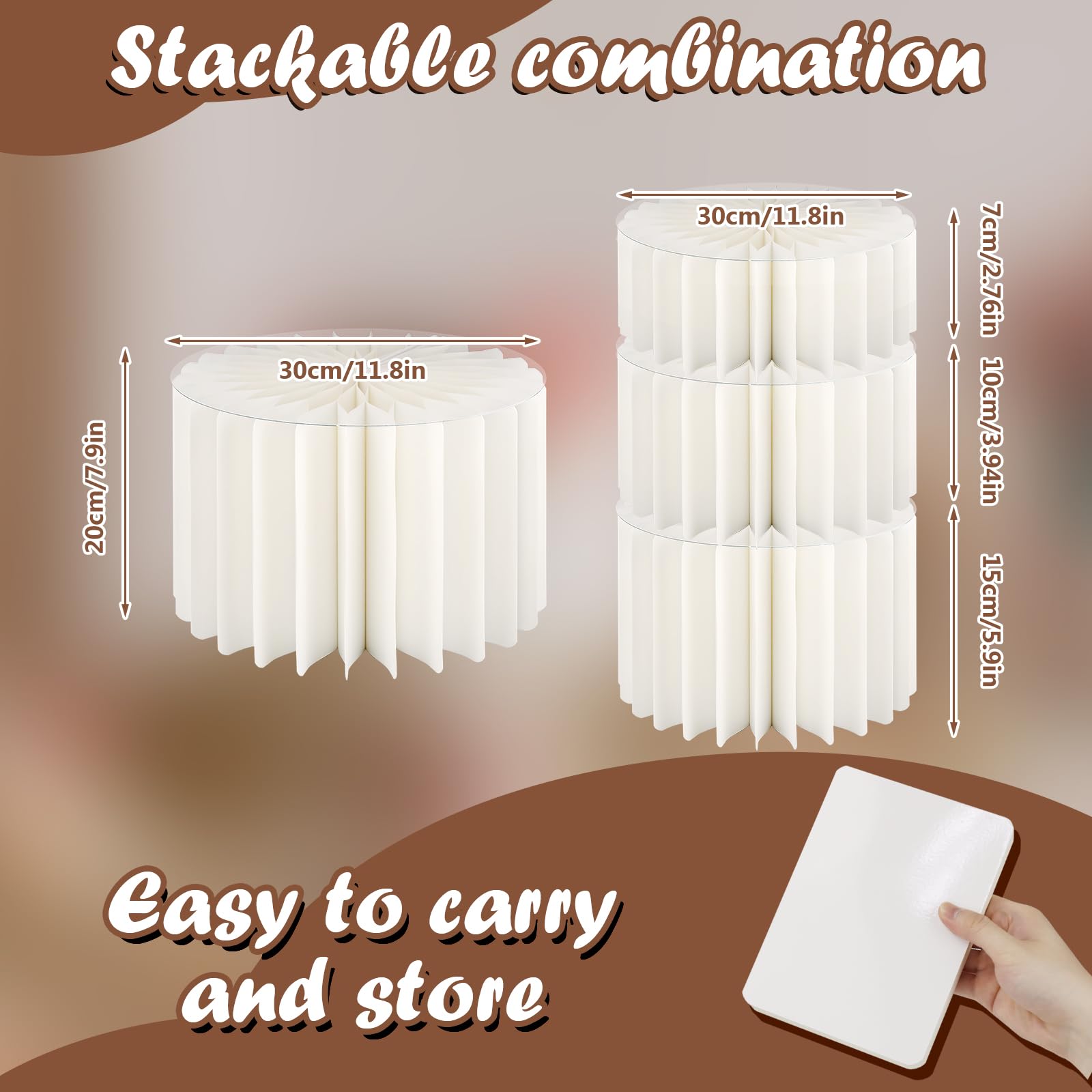 Lot de 6 rehausseurs de buffet en papier blanc avec cartes de présentation, assiettes en acrylique, présentoirs pliables pour fête, mariage, anniversaire (4 tailles)
