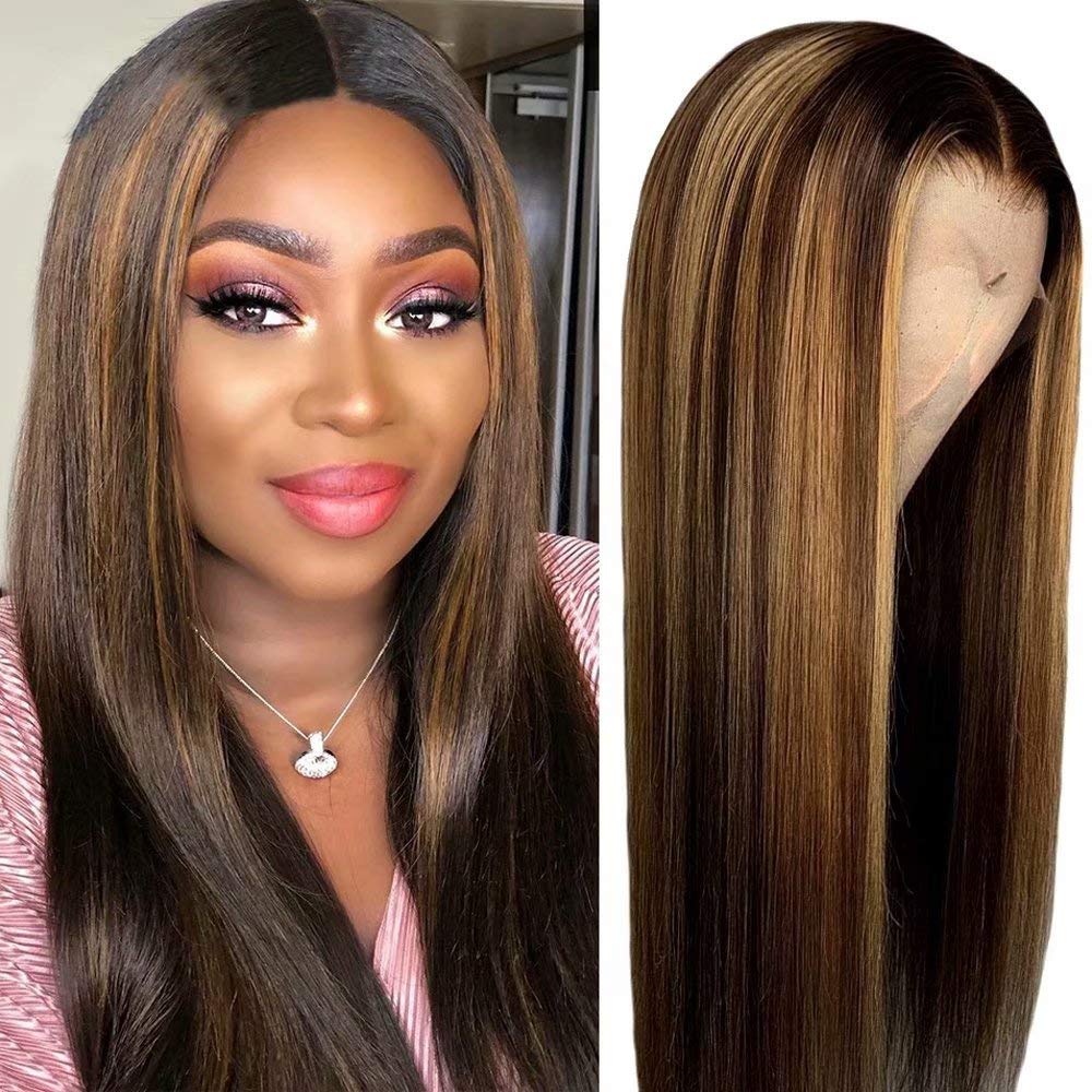 ten chopsticks Highlight Ombre 1b/27 Brown 13x6 HD Invisible Transparent Lace Wig Honey Blonde Human Hair Wigs Brazilian Remy Straight Pre-plucked 180 Density Human Lace Wigs for Women 14 Inch
