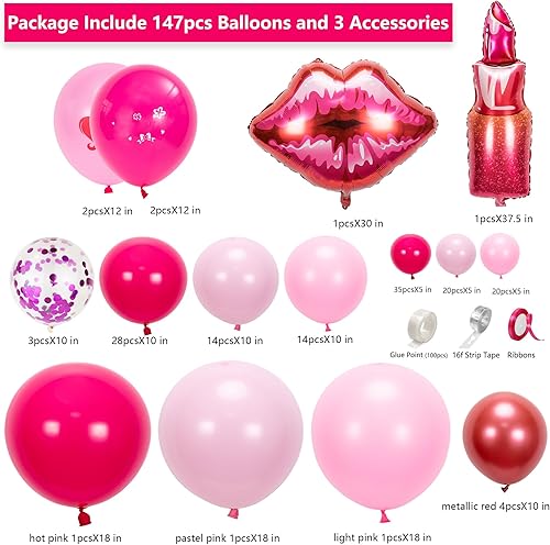 Miniatura 2 de Kit de arco de guirnalda de globos rosados de 147 piezas para niñas, juego de suministros de fiesta de cumpleaños, labios rojos y lápiz labial,