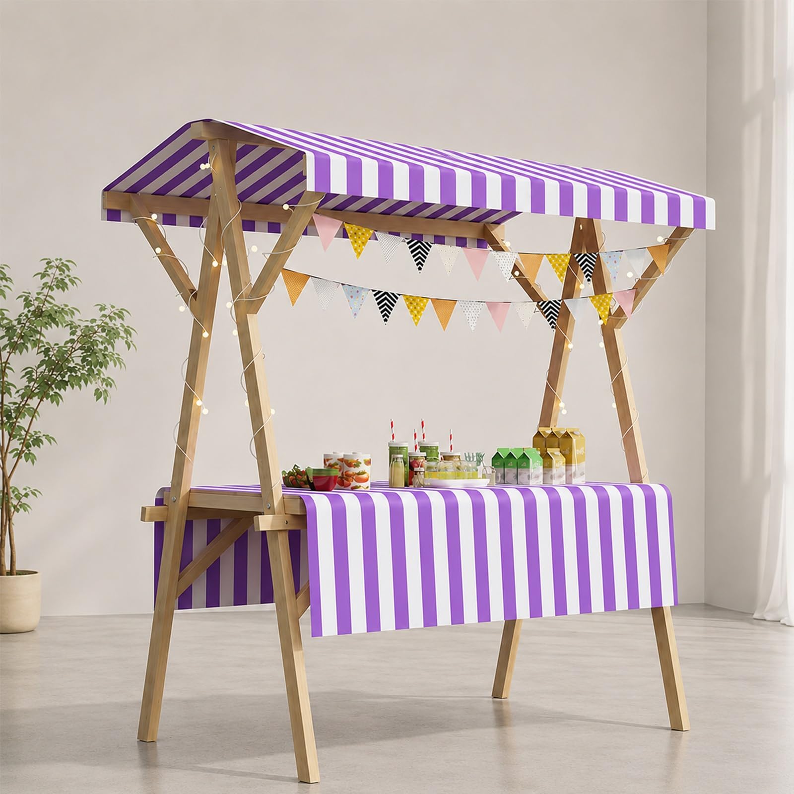 WNGJZZYC Foldable Vendor Cart with Canopy, Food Carts for Sale, Wooden Market Stall Display Stand for Farmers Markets, Street Vendors, Craft Fairs and Pop-Up Shops(Purple,L 150cm/59.1in)