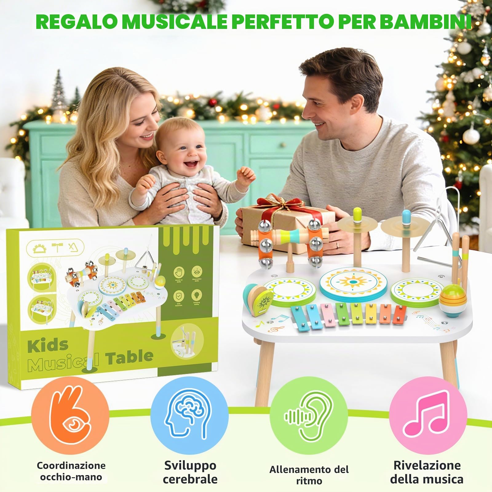 Batteria 12‑in‑1 Bambini 1‑3 Anni, Tavolo Strumenti Musicali Bambino, Giocattoli Legno Montessori con Xilofono, Bonghi, Piatto, Maracas & Campanelli da Polso, Regalo Bambino Bambina Bambina 1 2 3 Anni