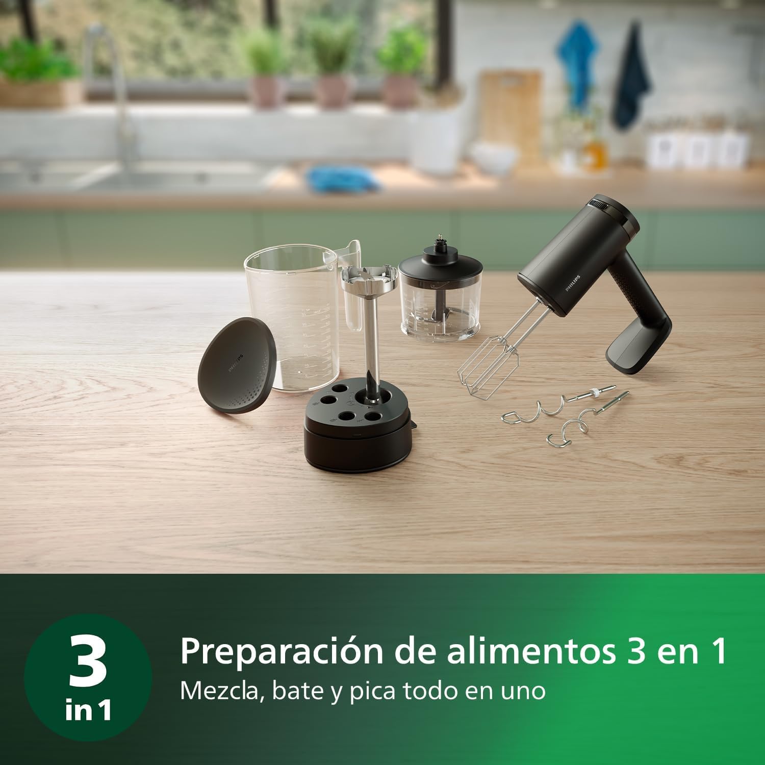 Philips 5000 Batidora de Mano 3 en 1, 500 W, 5 Velocidades, Negro | Batidora eléctrica 3 en 1 con picadora, 500 W, 5 velocidades, antisalpicaduras, almacenamiento inteligente (HR3781/20)