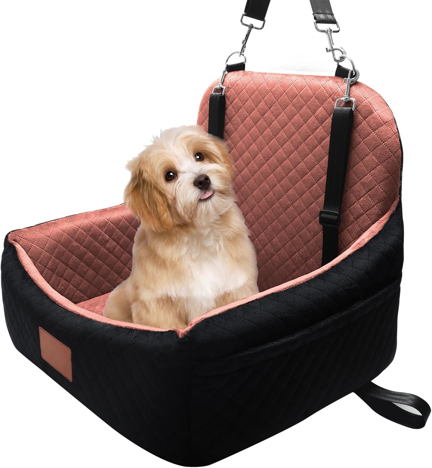 Small Dog Car Seat for Small Dogs Under 30 lbs, Memory Foam Pet Car Seat with Joint Relief & Washable Cover, Portable Travel Bed for SUV/Sedan (Black/Brown)
