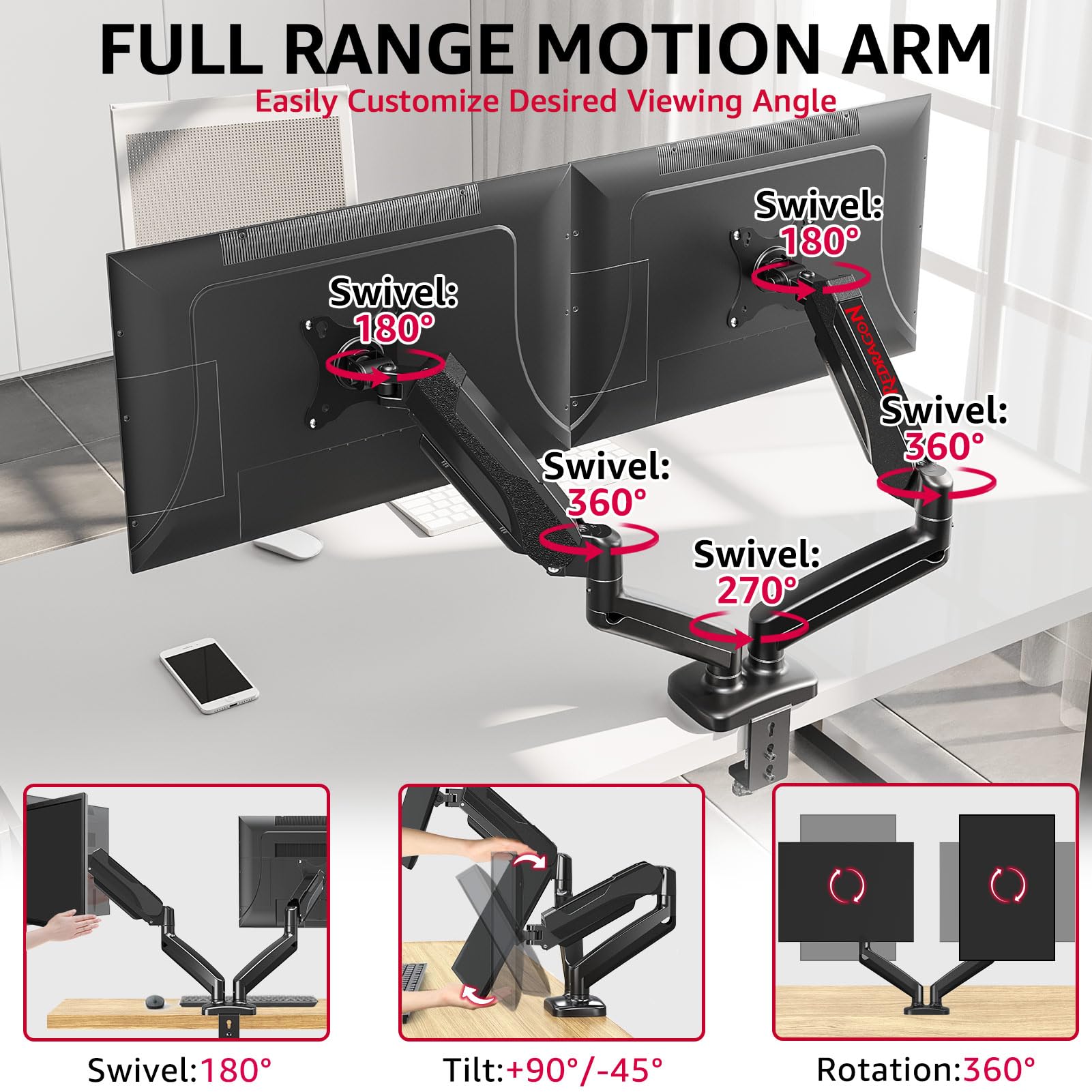 Redragon GMK-915 - Soporte para monitor doble, color negro