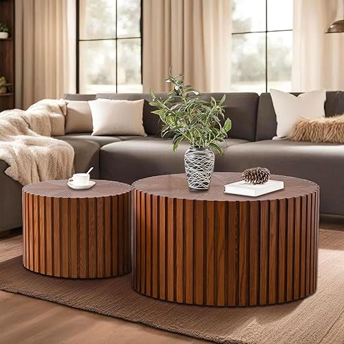 Handcraft Round Nesting Coffee Table - Chic Wave Stripe Edge, Modern Stylish Walnut Wooden Circle Fluted Center Table for Living Room (27.6in+19.7in)