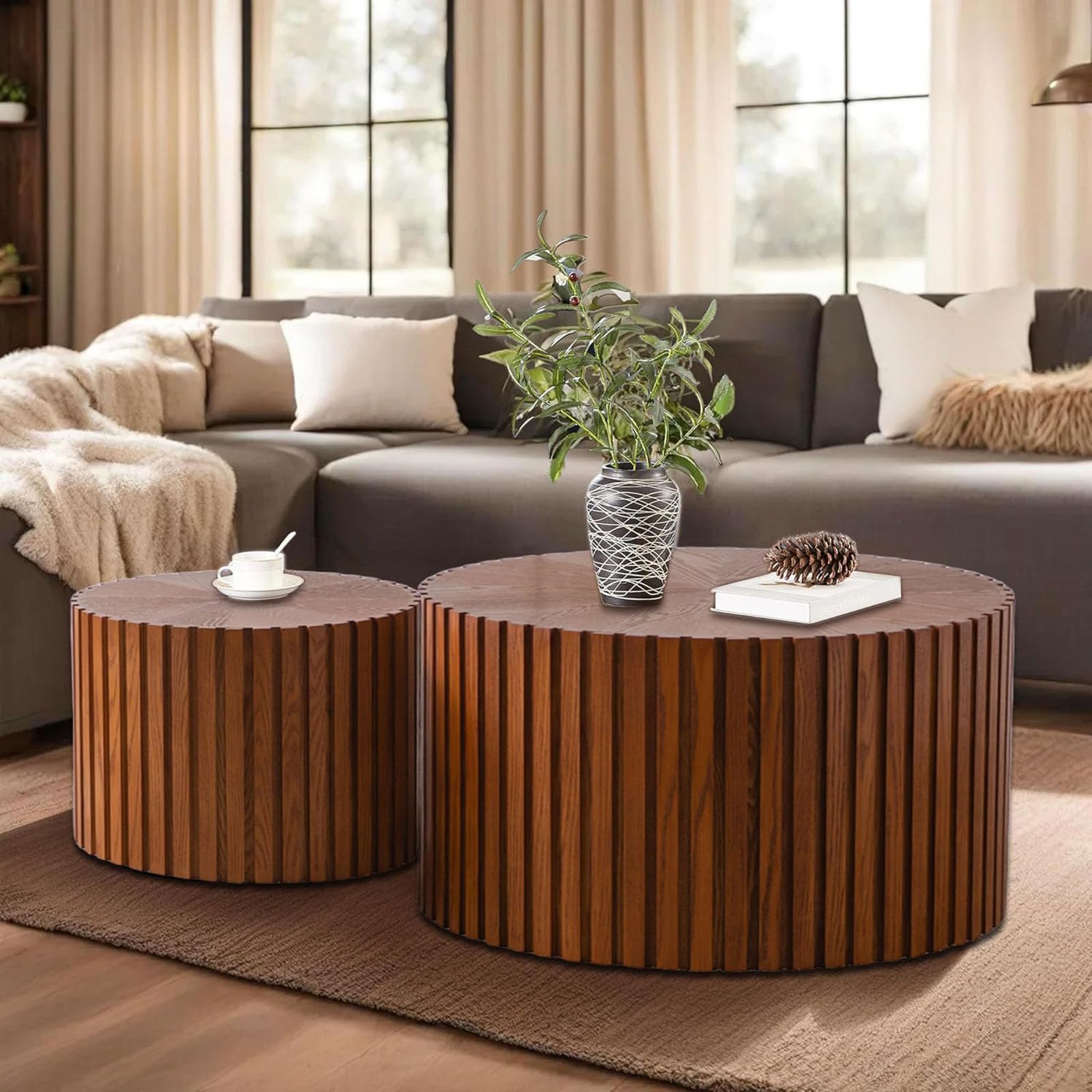 Handcraft Round Nesting Coffee Table - Chic Wave Stripe Edge, Modern Stylish Walnut Wooden Circle Fluted Center Table for Living Room (27.6in+19.7in)