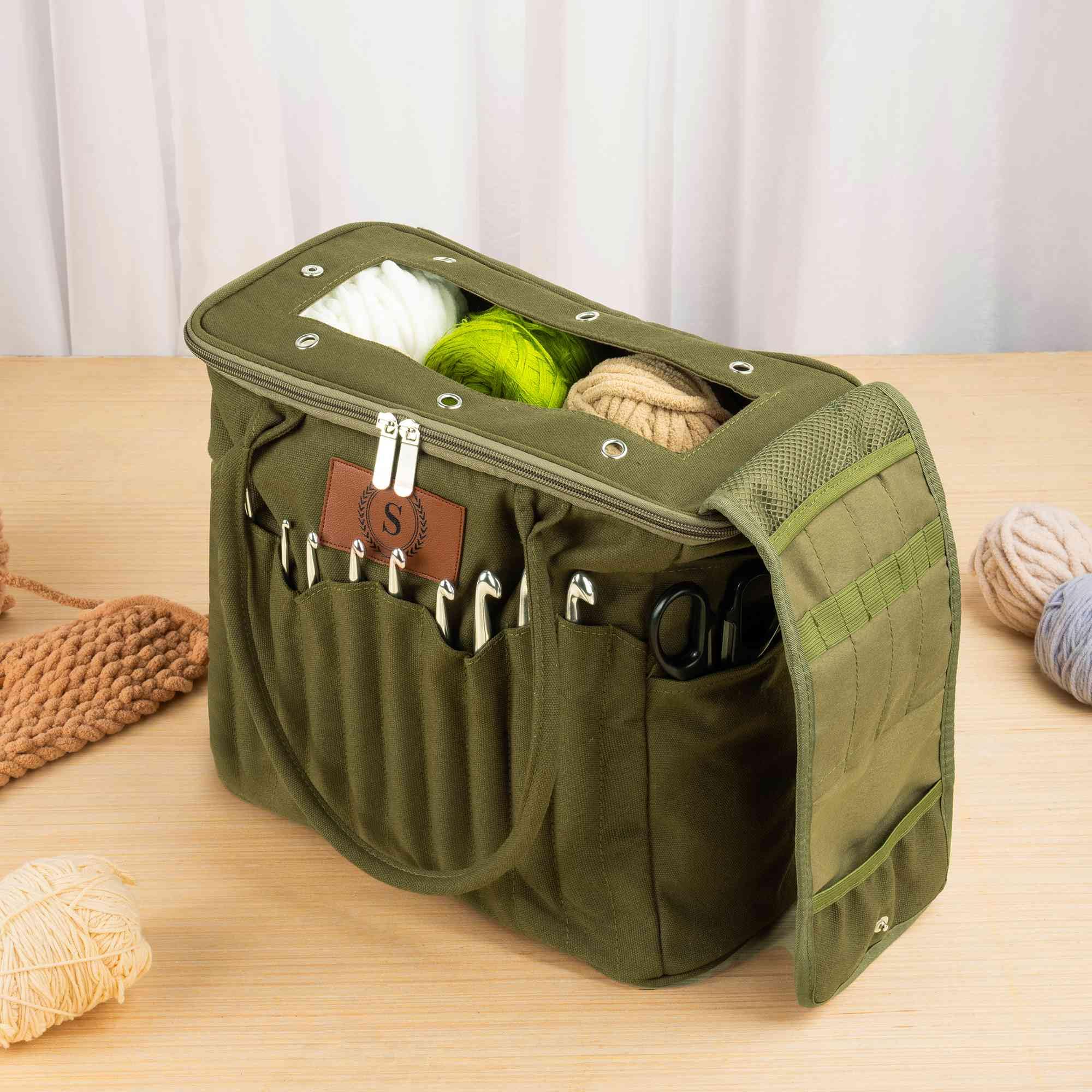 Bolsa de almacenamiento personalizada para tejer para mujer, bolsa de hilo de lona grande, organizador de ganchillo, bolsa de viaje portátil con bolsillos para agujas, estuche de ganchillo, regalo de