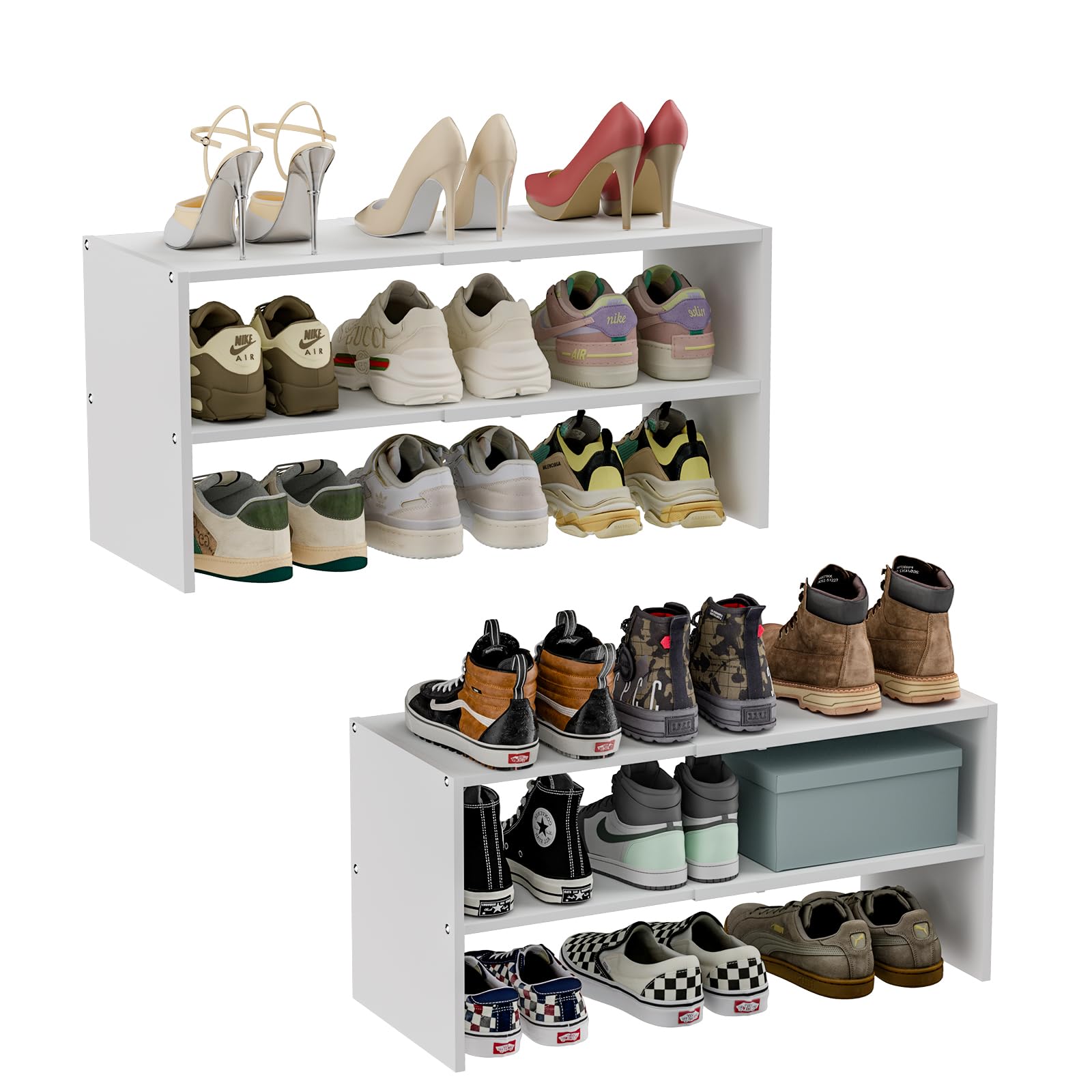 Photo 1 of **FACTORY SEALED** 2 Pack White Shoe Rack for Closet, 2-Tier Expandable Small Shoe Shelf, Stackable Iron Wood Combination Shoe Organizer Racks Shelves for Closets, Entryway, Hallway, Garage, Holds 12-24 Pairs