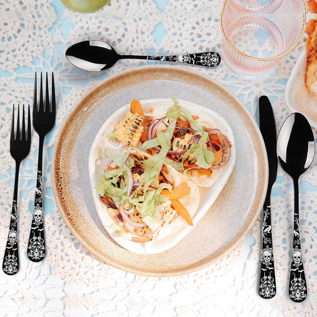 XIAOYU 40 Piece Black Bizarre Skull Silverware Set, Gothic Stainless Steel Flatware Set Serving for 8, Unique Skull/Crow/Flower/Bat Pattern Design, Halloween Cutlery Set Festival Tableware Utensils