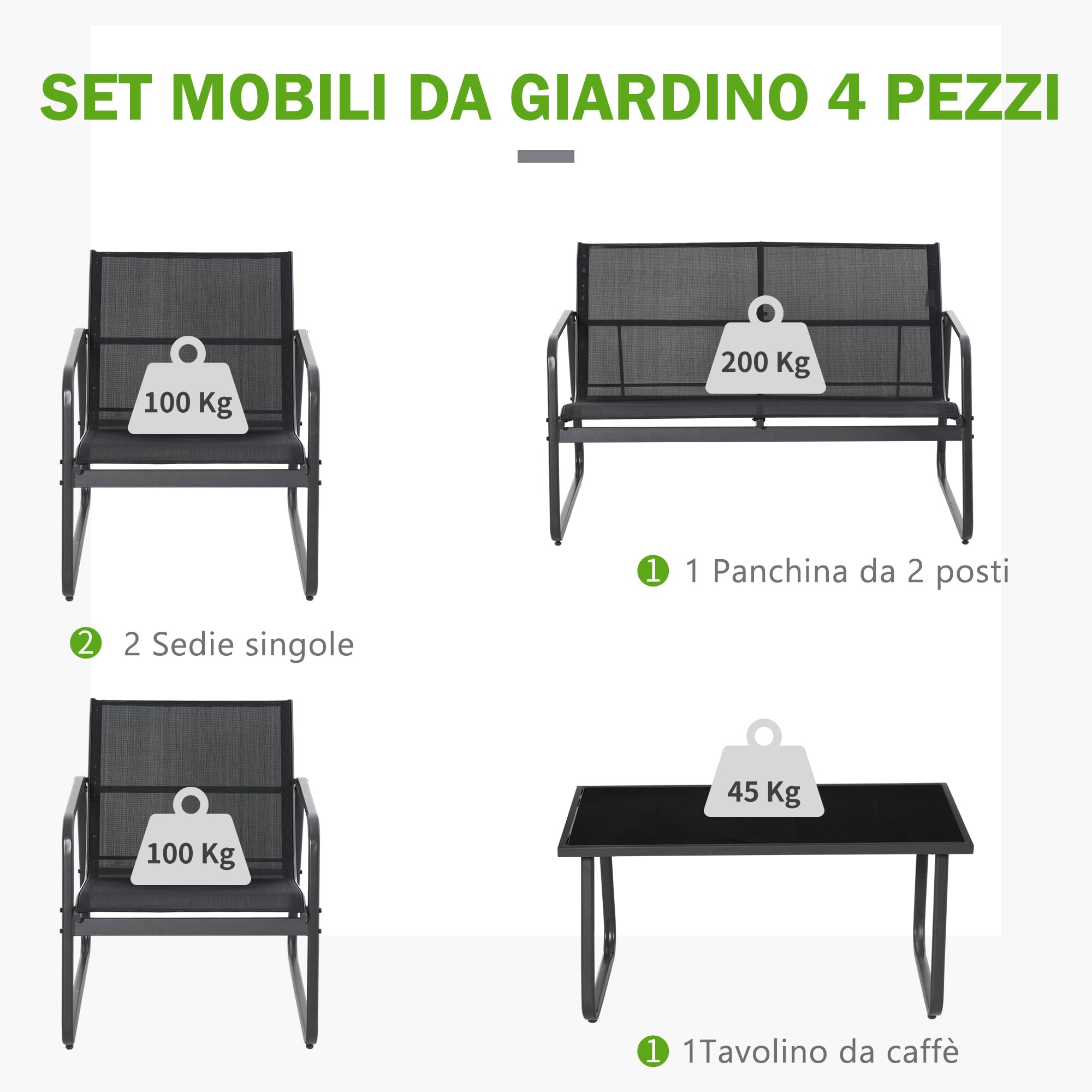 Outsunny Set Salotto da Giardino 4 Pezzi, Divanetto 2 Posti, Sedie, Tavolino Vetro Temperato, Metallo e Texteline, Nero