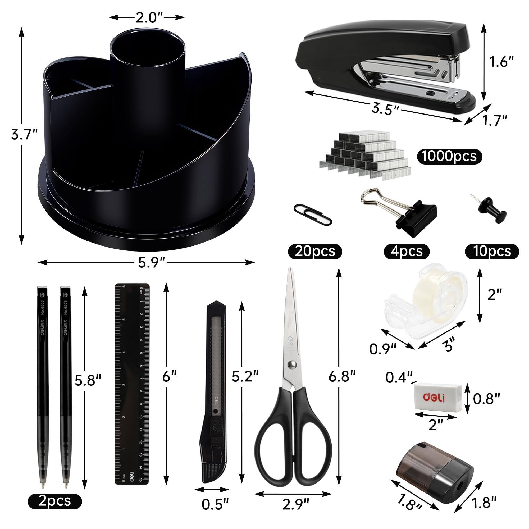 deli Drehbarer Schreibtisch-Organizer für Bürobedarf, Geschenk-Set mit Klebebandspender, Stiften, Hefter, Binderklammern, Spitzer, Schere, Radiergummi, schwarz