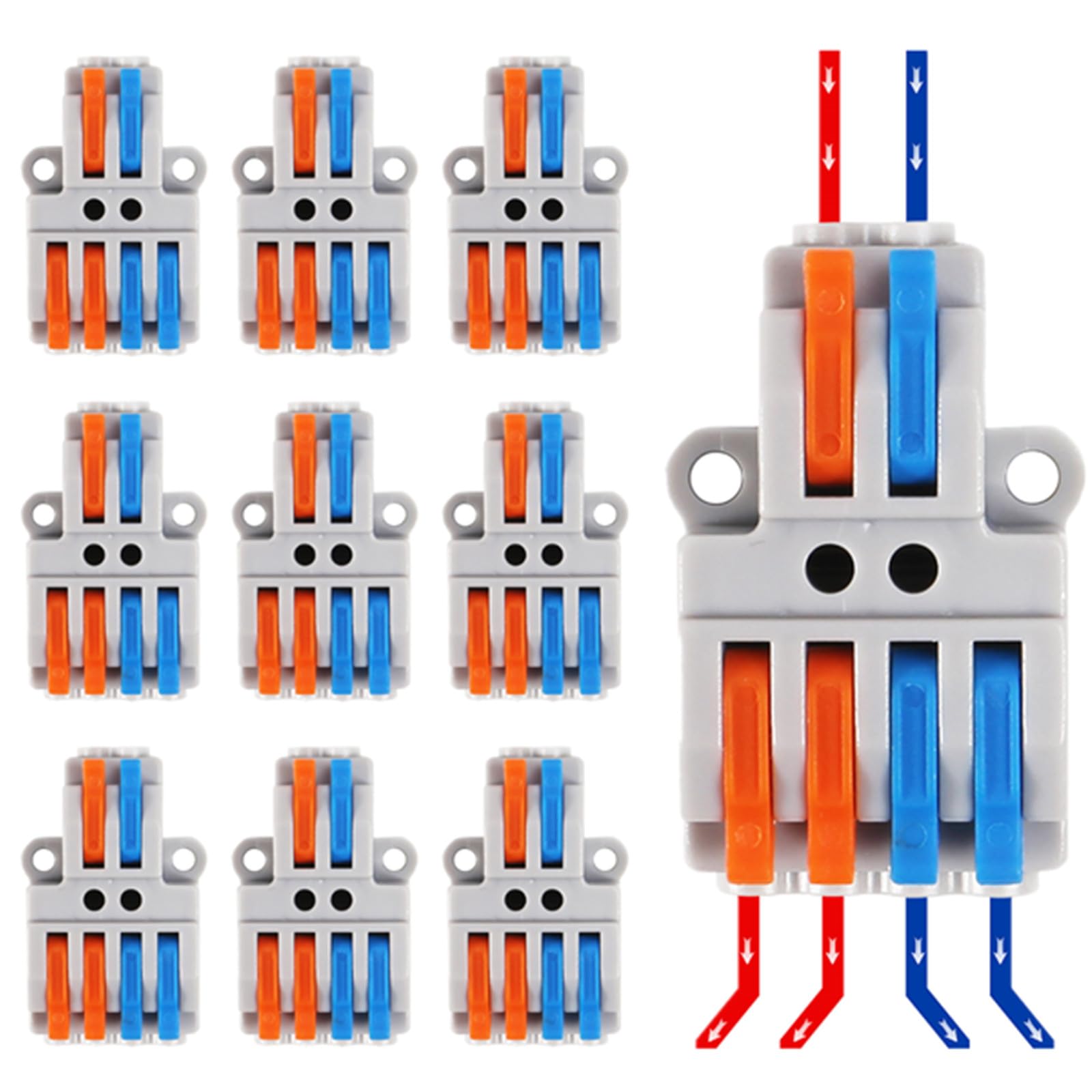 MELIFE 10PCS Lever Wire Connectors - 2 in 4 Out Quick Electrical Lever Nuts, Push-in Conductor Terminal Block AWG 28-12