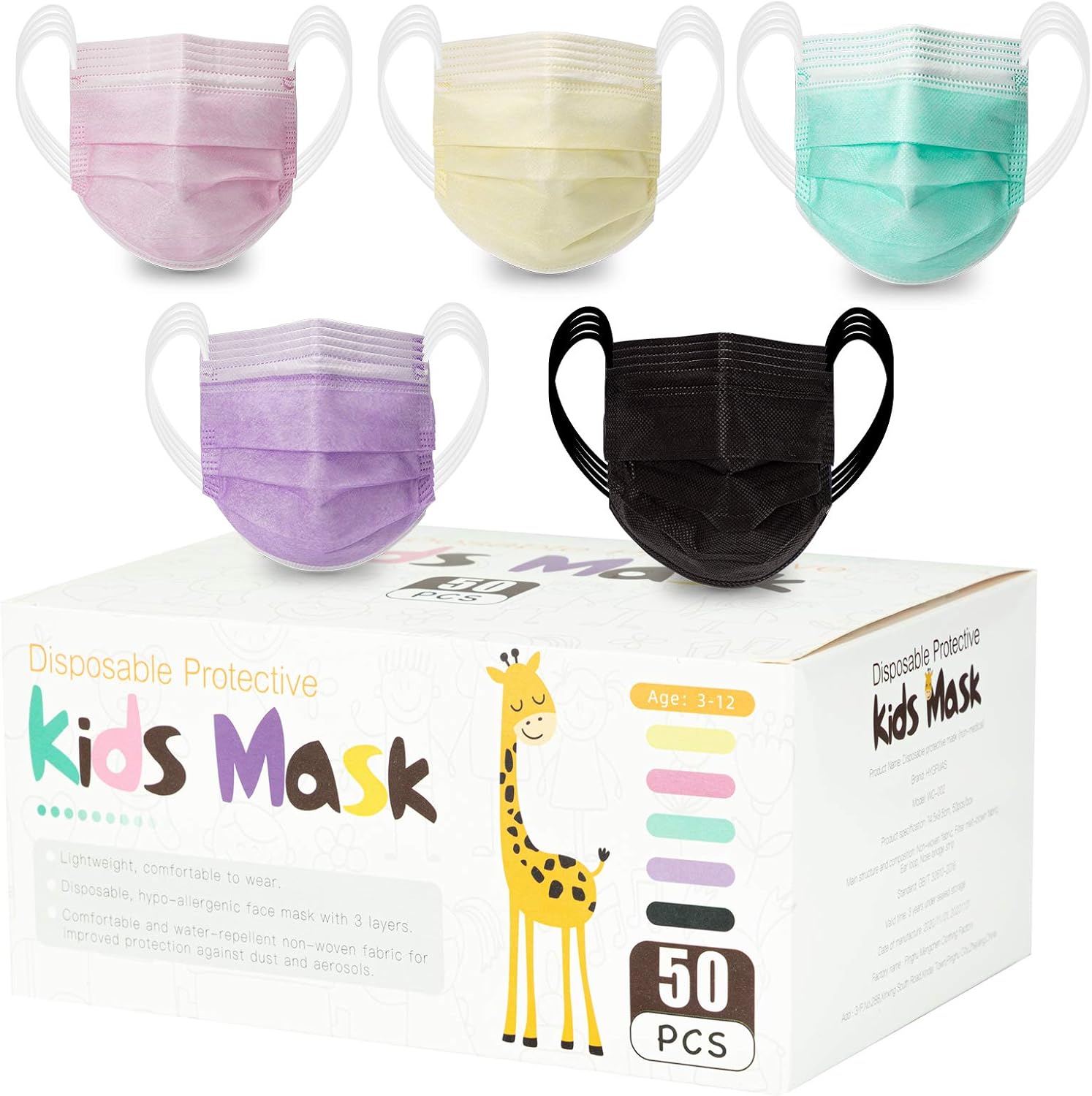 50 PCS Kid Mix-colored Disposable Face Mask, 3 Ply & Breathable Dust Masks with Nose Clip for Children, Boys & Girls (5 Color)