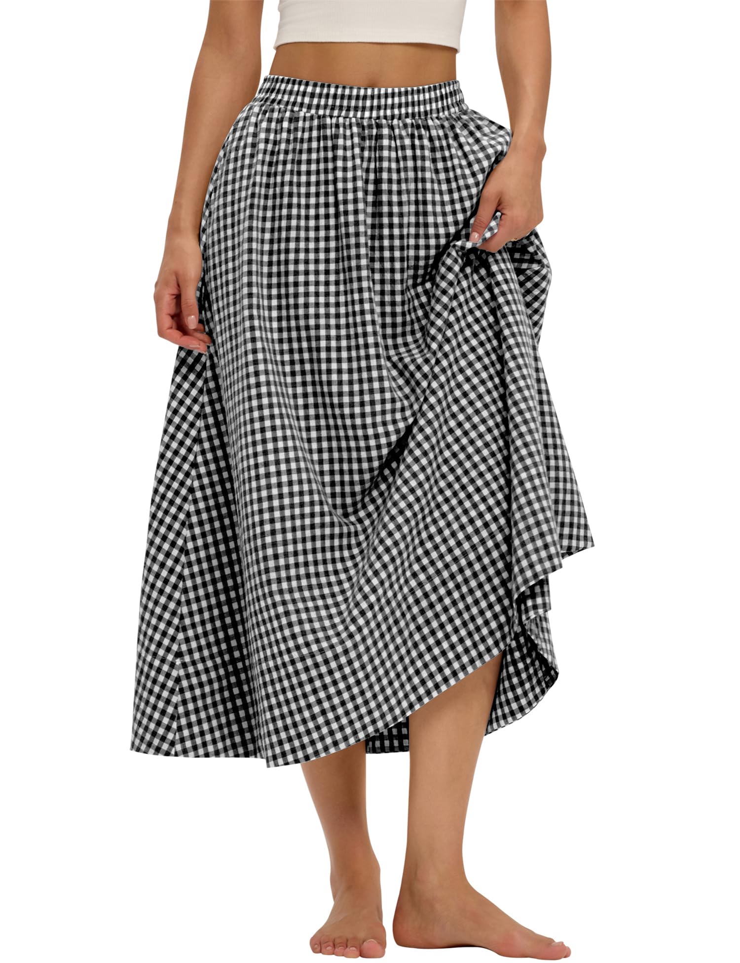LOMON Midi Skirts for Women with Pockets A-Line Cotton Flowy Elastic Waist Medium Black Plaid