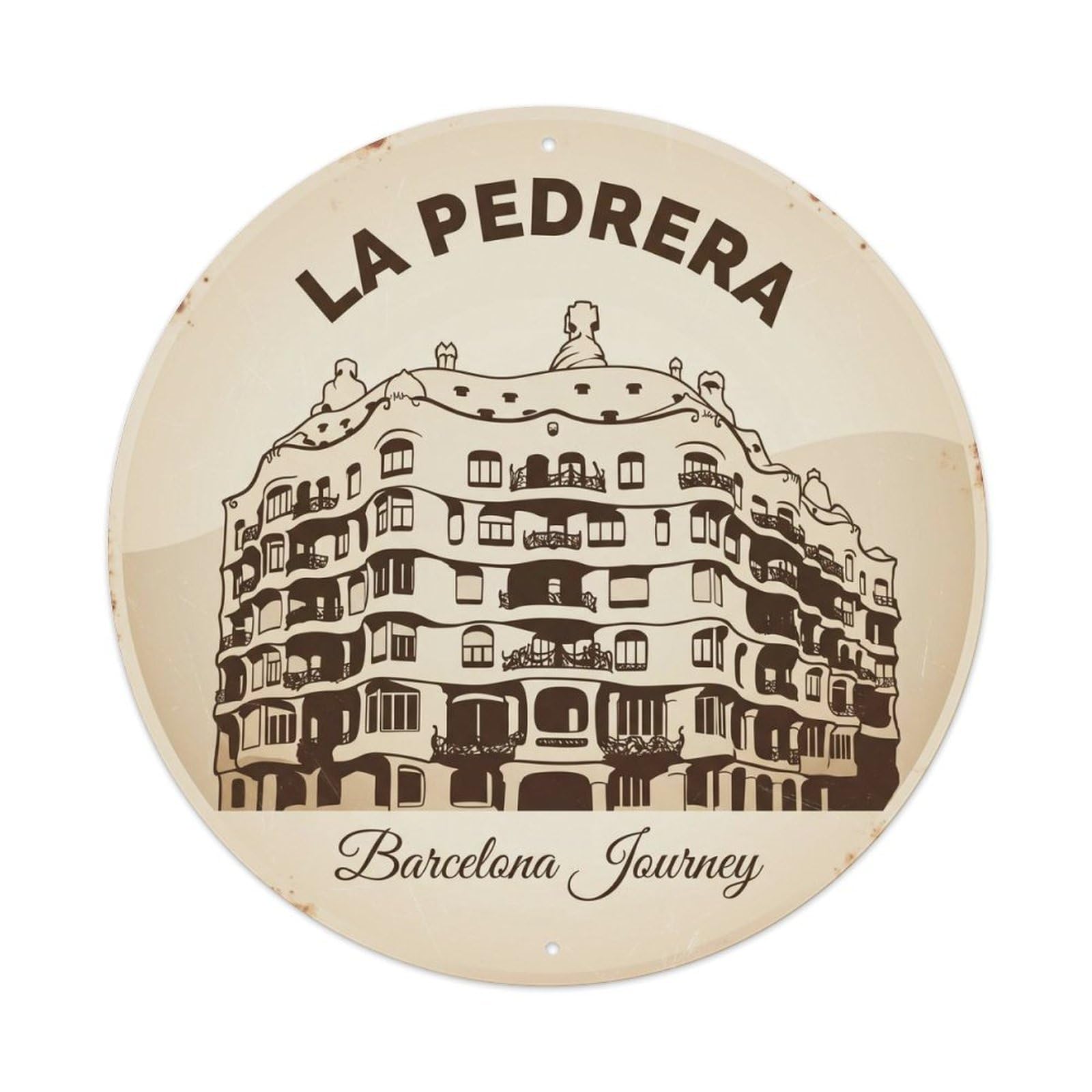 Barcelona Stone Facade Modernist Landmark Vintage Journey Metal Tin Sign Plaque Wall Decor for Cafe, Man Cave, Club Bar, Office, Home Garden Round Metal Poster 8x8Inch