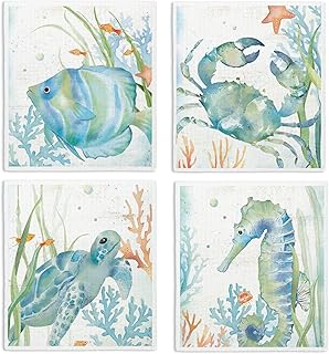 Ocean Turtle Fish Swedish Dishcloths for Kitchen, Swedish Dish Cloths for Ocean, 4 Pack Dish Towels for Kitchen, Papaya Reusable Paper Towels Washable
