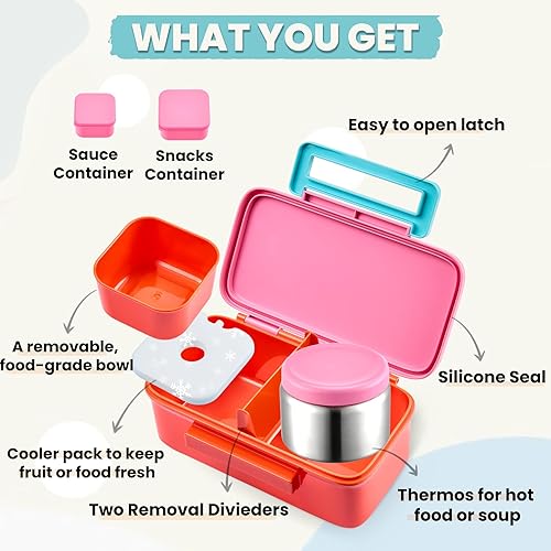 Miniatura 2 de PIQUEBAR Lonchera Bento para niños con bolsa de almuerzo térmica de 8 onzas, con bolsa de almuerzo aislada, botella de agua aislada con popote para