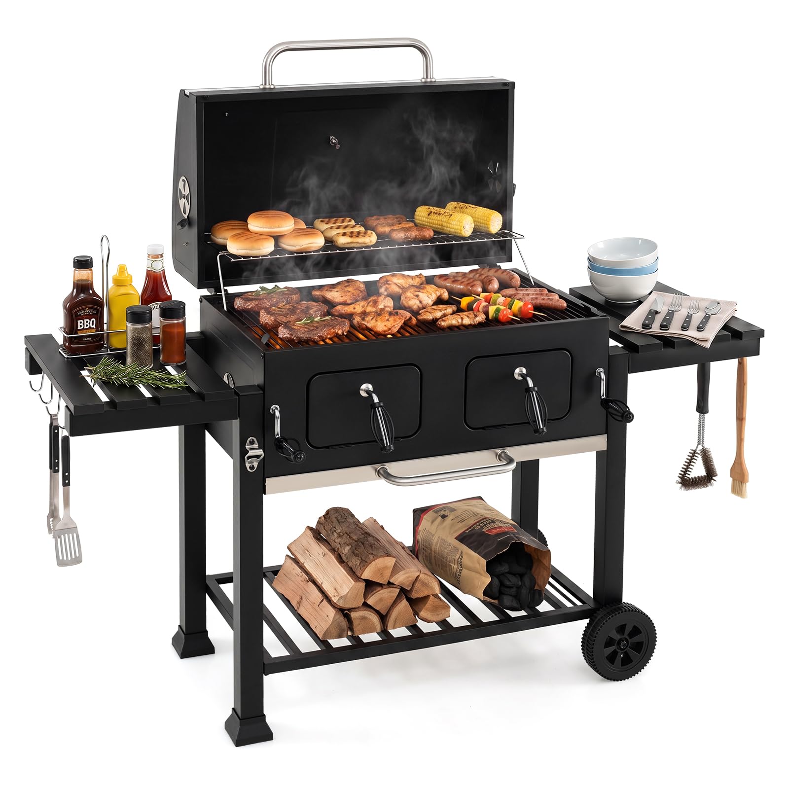 COSTWAY Barbecue a Carbone, Barbecue Portatile Affumicatore con Ruote | Griglia Regolabile in Altezza e Tavolini Laterali,Carrello BBQ da Esterno con Copertura e Termometro per Giardino e Campeggio