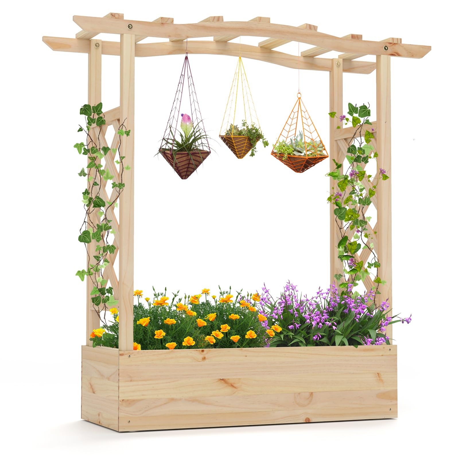 Giantex Raised Garden Bed with Sided Trellis & Hanging Roof, Wood Planter Box, Freestanding Garden Planter Raised Bed for Flowers Herbs Climbing Vines 44”x14”x45” (L x W x H)