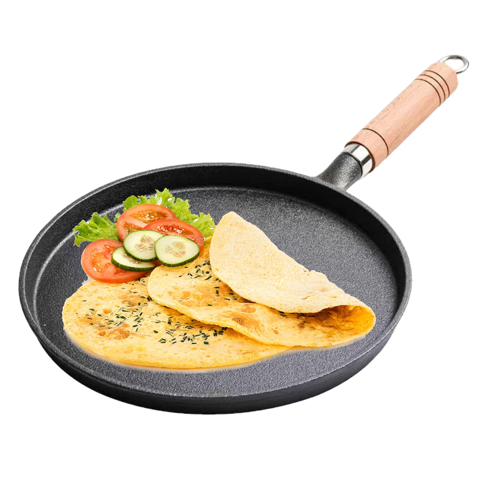 Patelnia żeliwna, 20 cm, bez powłoki, żelazna patelnia, uchwyt z litego drewna, patelnia, patelnia grillowa, do kuchenek indukcyjnych, do użytku na gaz, grill, kemping i do kuchni na