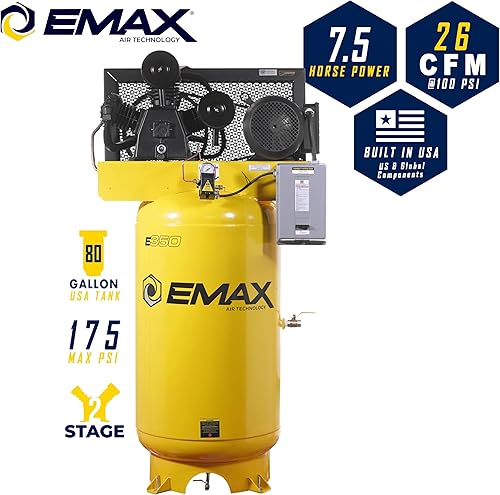 Miniatura 2 de EMAX Compresor de aire eléctrico - 80 galones 7.5HP Compresor de 2 etapas con drenaje automático y 26 CFM, 200 PSI máximo - EHI07V080Y1 7.5 CV,10