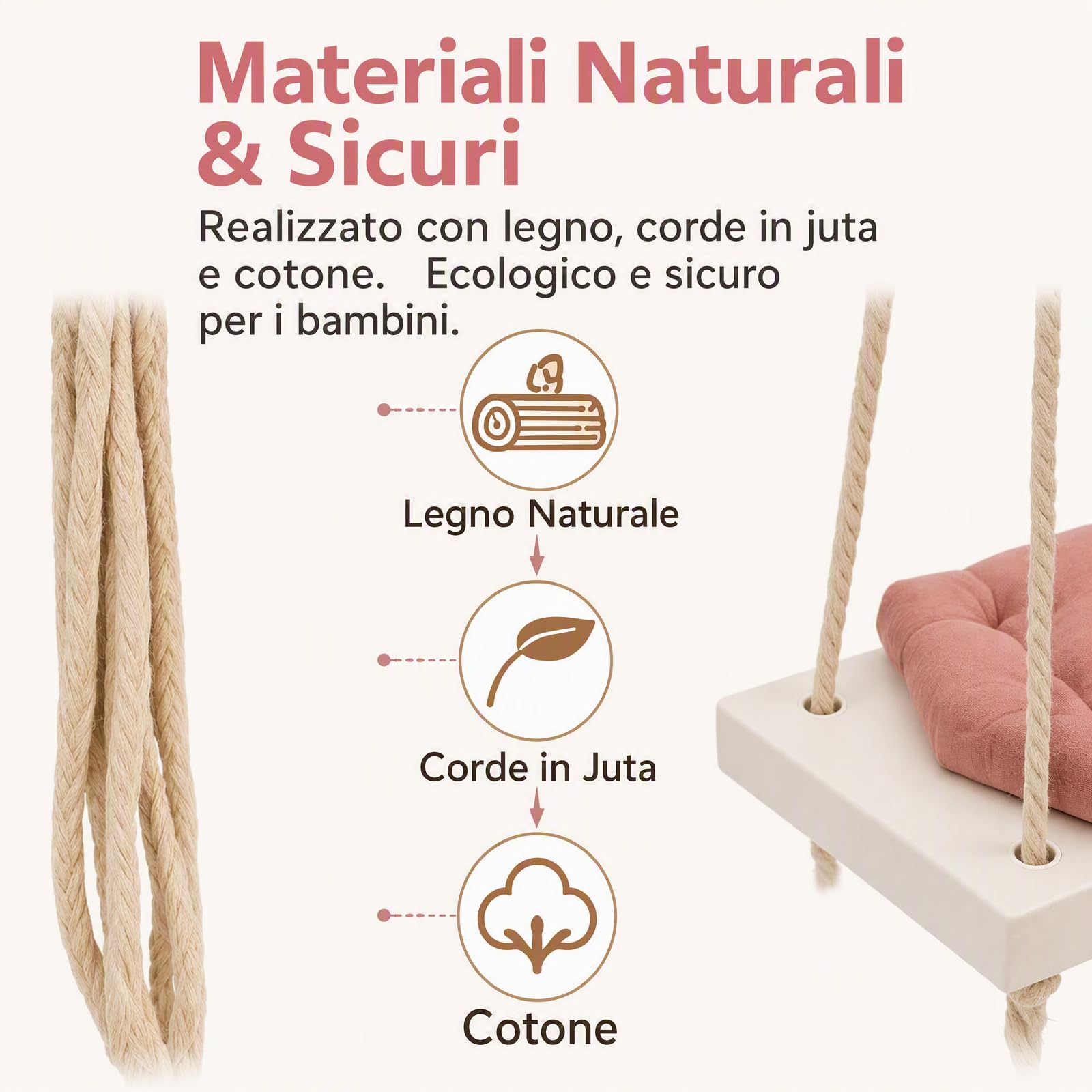 Poltrona sospesa con cuscino ispessito per bambini, altalena in legno rosa con supporto per interni ed esterni, asili, capacità di peso 50 kg