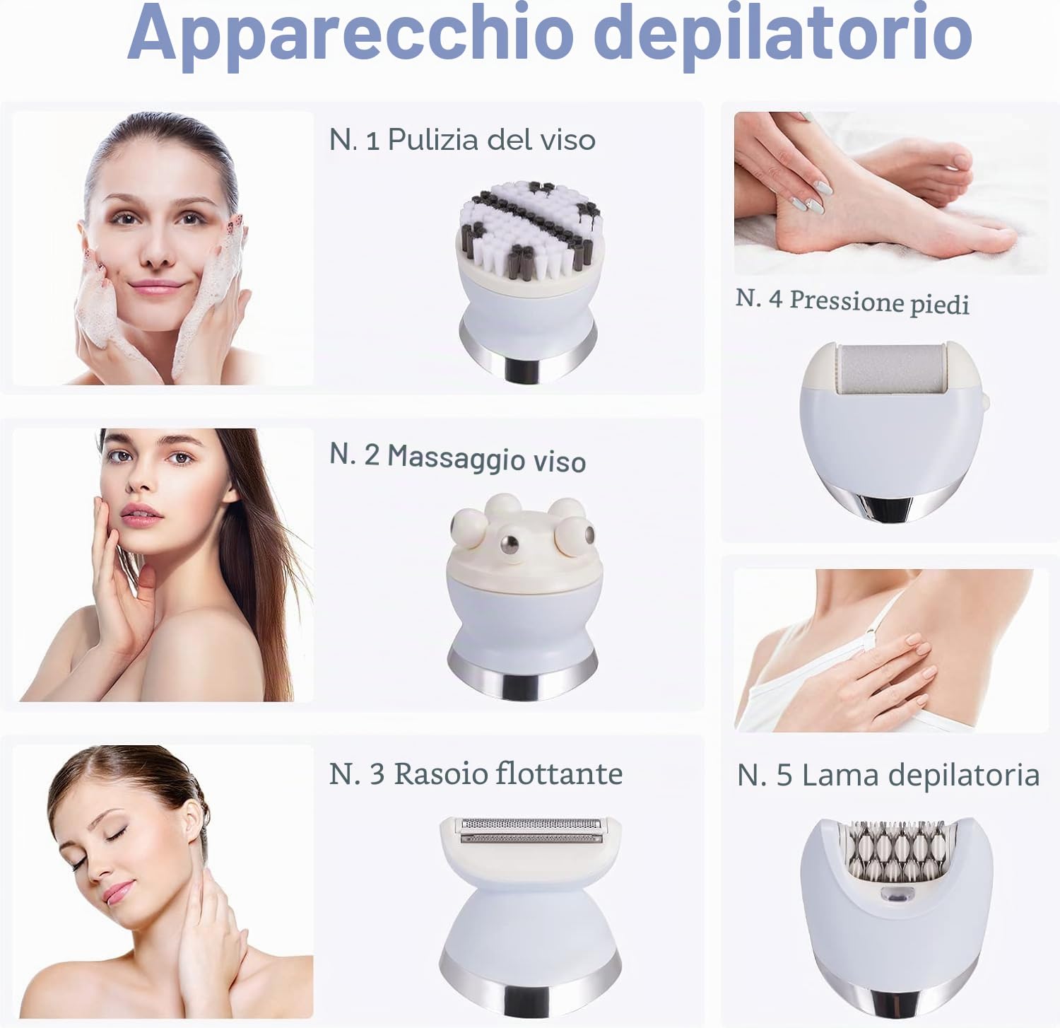 Epilatore Elettrico Wireless 5 in 1 per Donna, per Gambe e Corpo, Bagnato e Secco, con Rasoio, Esfoliante, Pulizia e Massaggi