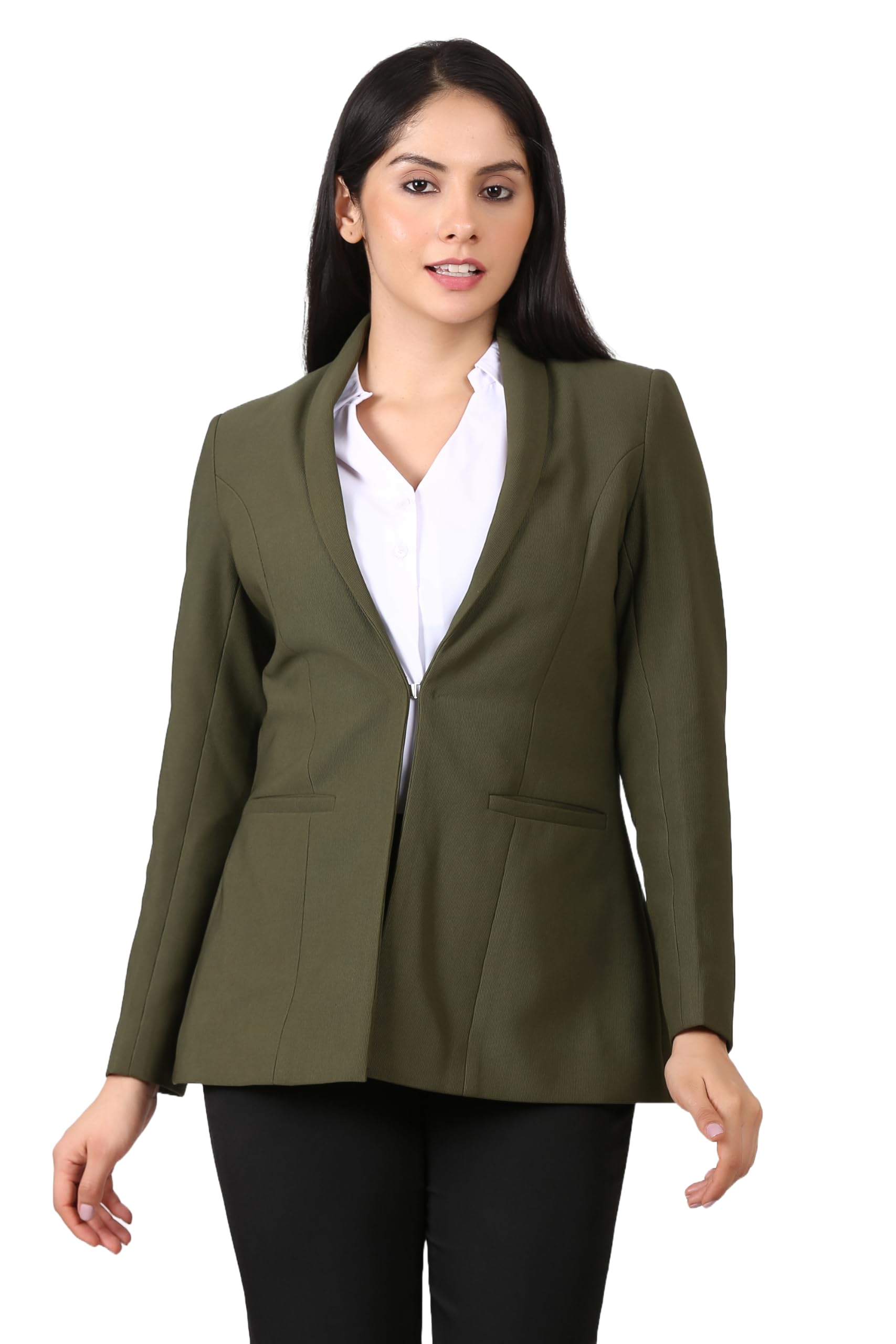 Women's Dark Green Knit Blazer – Stylish Notch Lapel, Polyester Spandex, Comfortable Premium Fabric-image-10