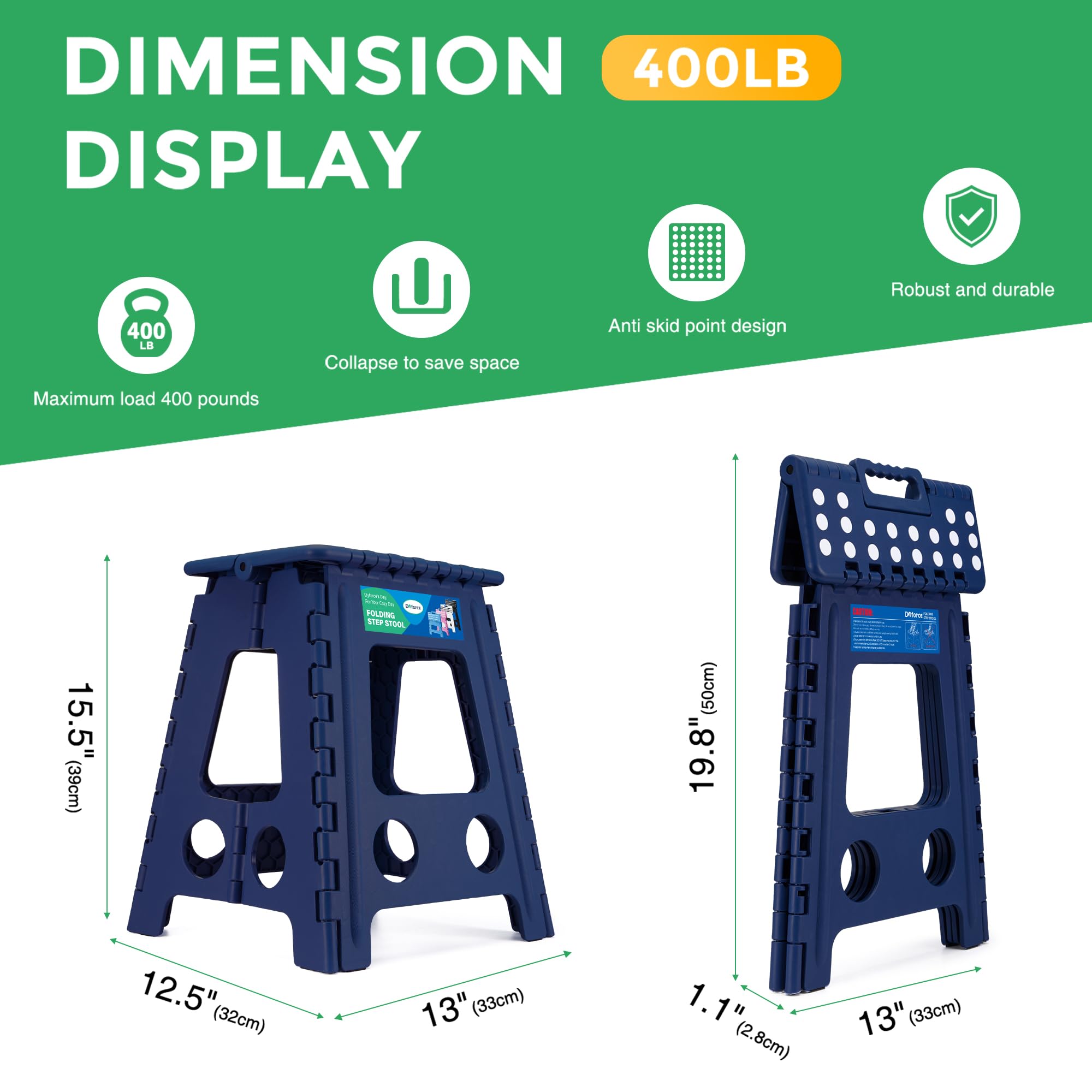 Dyforce Sgabello pieghevole da 40,6 cm, capacità 181,4 kg, in plastica robusta, pieghevole, per adulti e bambini, con manico, facile da trasportare, sgabello pieghevole per cucina (blu reale, 1 pezzo)
