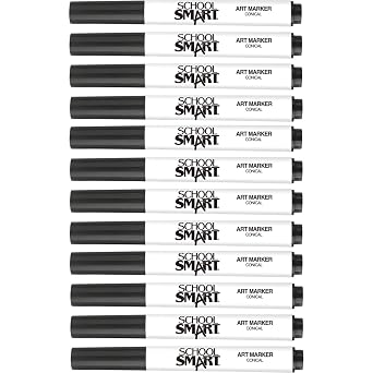 School Smart Art Markers, Conical Tip, Black, Pack of 12