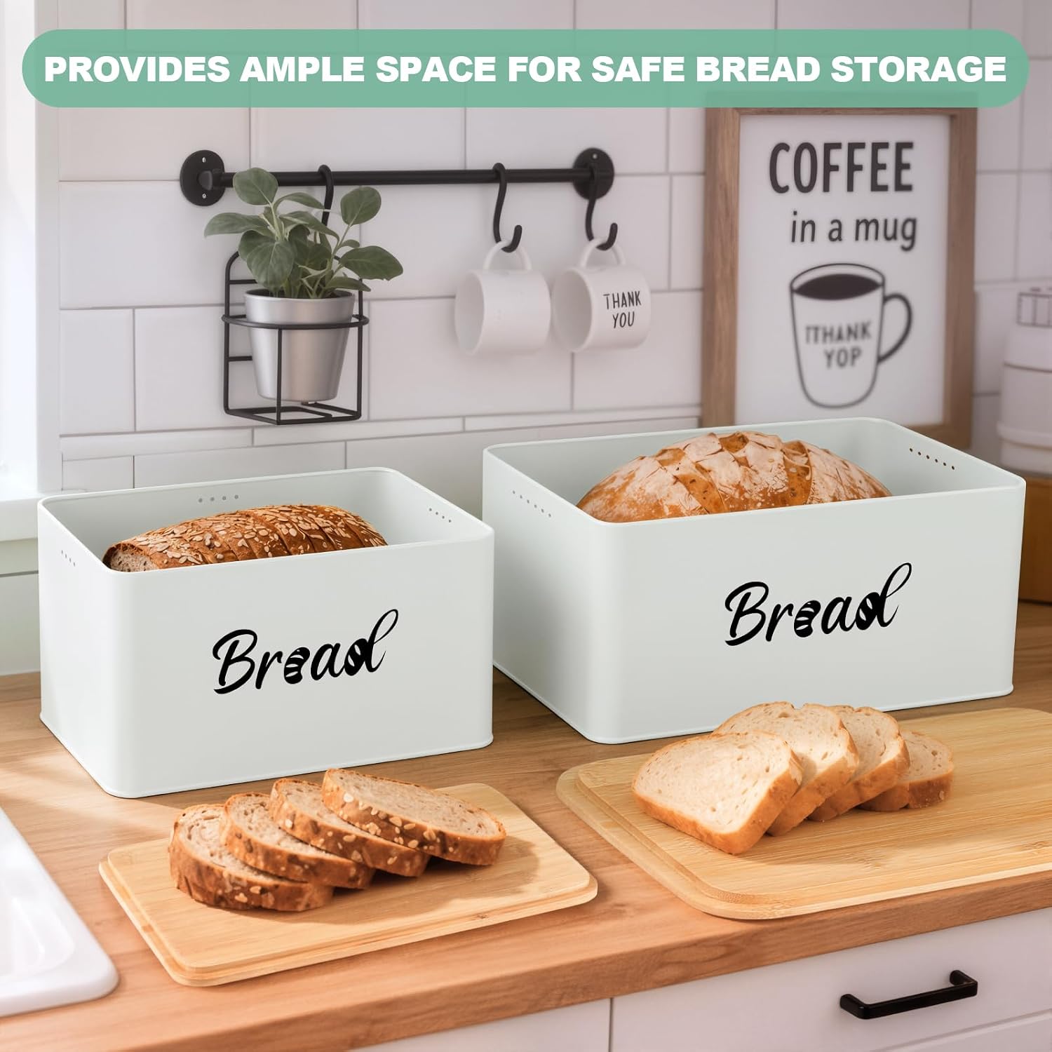 Metal Bread Box Set of 2 with Bamboo Lid, Modern Bread Storage Containers with Air Vents, Bamboo Cutting Board Lid, Farmhouse Kitchen Decor Organizer for Countertop, 2-Size (Large & Small)White