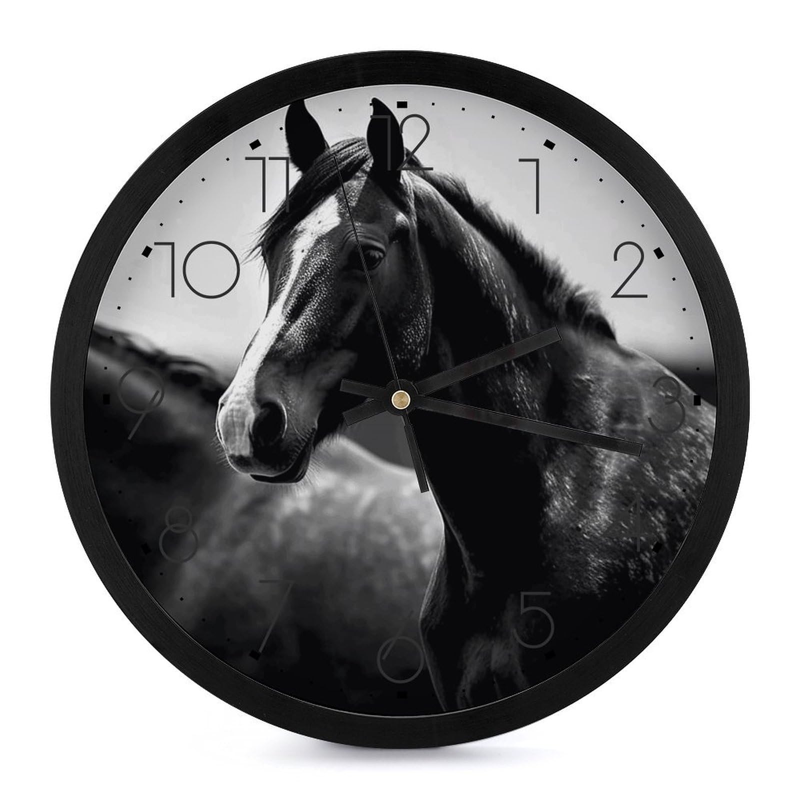 Horloge murale chevaux noirs et blancs silencieuse de 25,4 cm pour salon