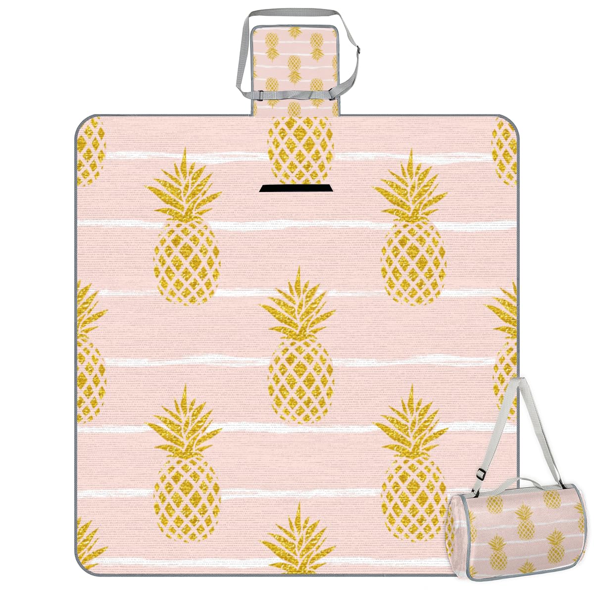 Shimoshe Picnic Blankets 57”x 59”, Gold Pineapple Waterproof Sandproof Picnic Mat Lightweight Foldable Beach Blanket for Camping Park Grass Beach Outdoor Blanket