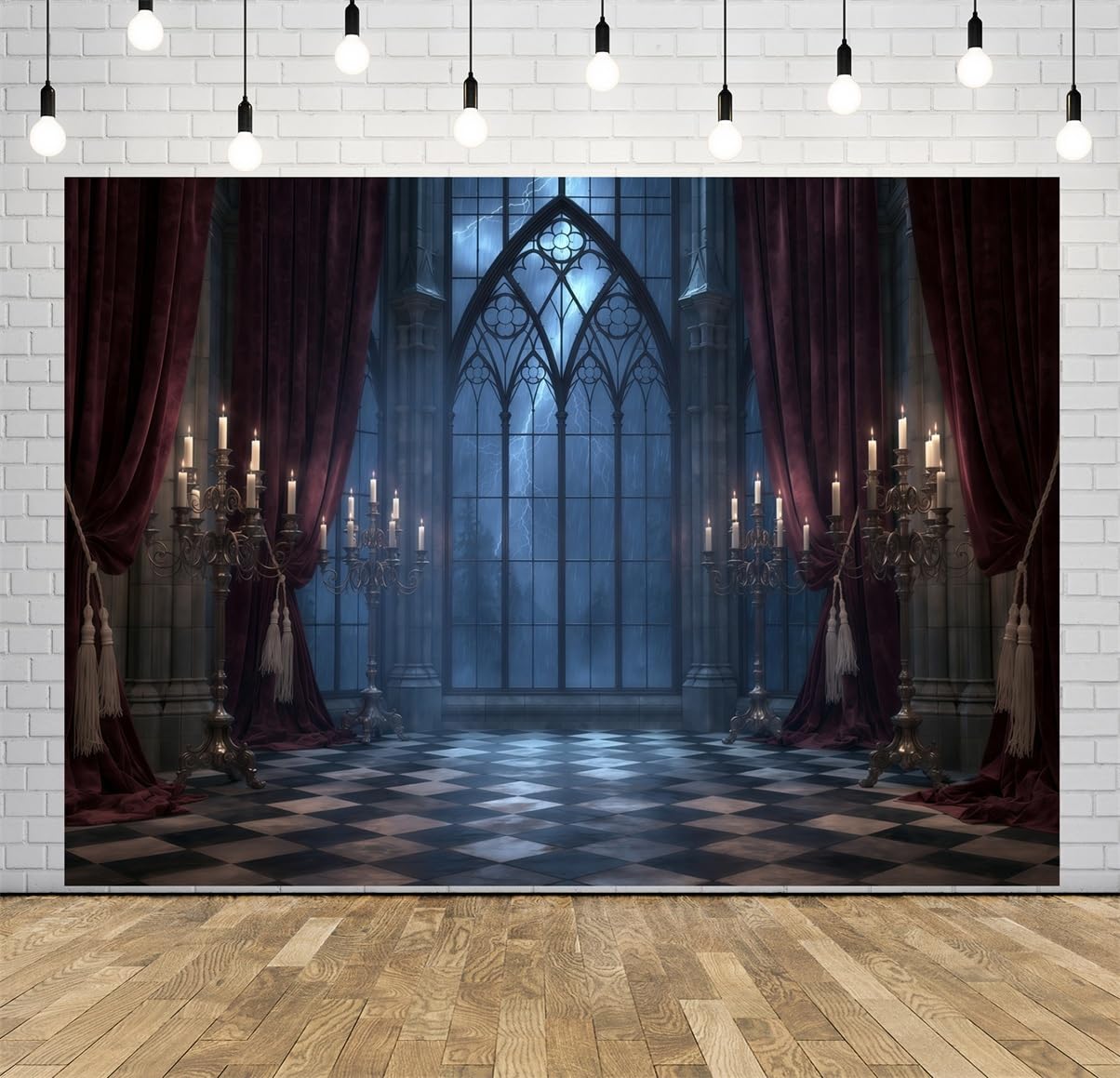 BELECO 3.6x3m Sfondo in tessuto Castello Gotico Palazzo Spaventoso | Finestra Ad Arco Inquietante Tempesta Tenda Candeliere Antico Sfondo Orrore Vampiro Halloween Telo Di Sfondo
