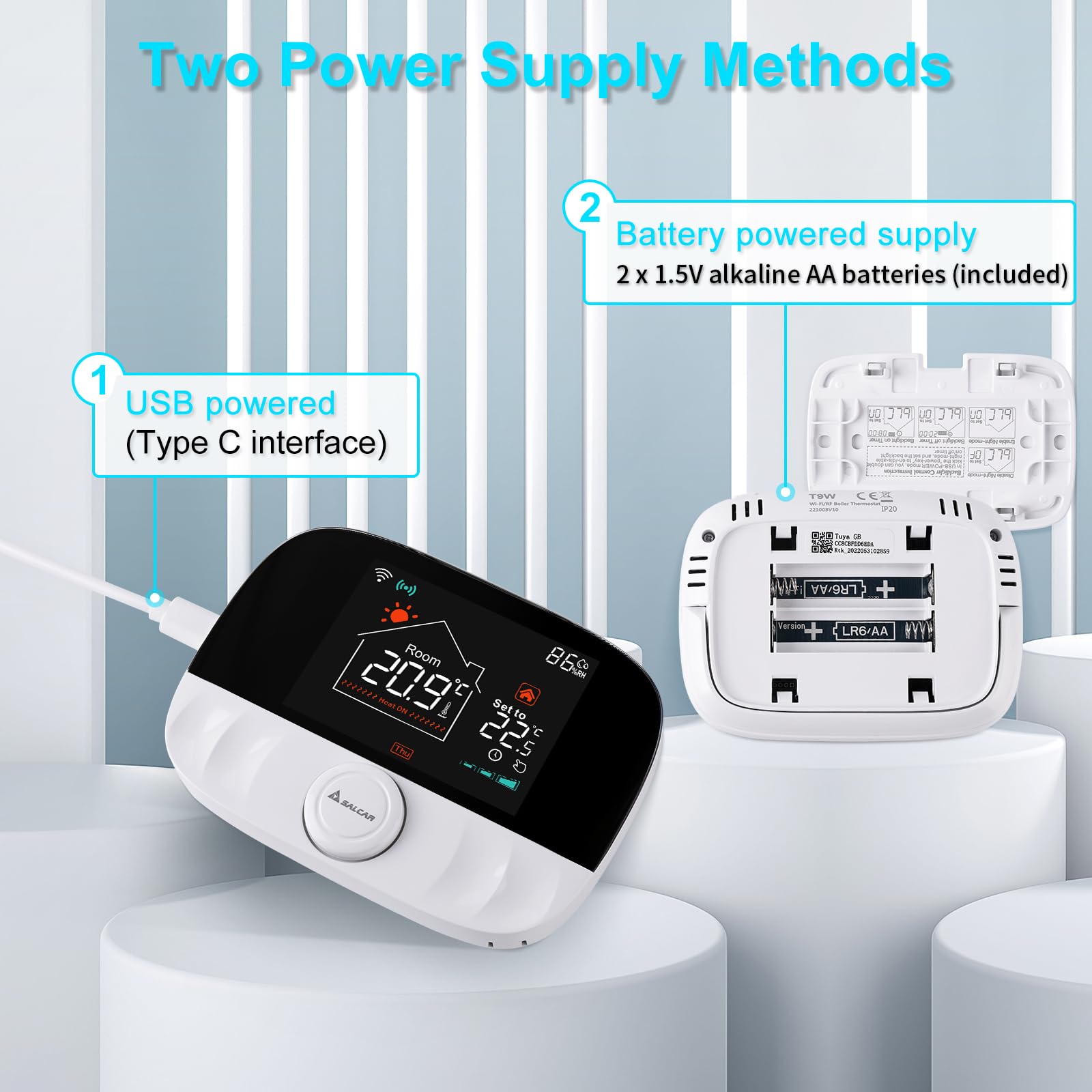 SALCAR Termostato WiFi Inteligente para Caldera de Gas, termostato de Ambiente T9W RF Termostato de radiador con Receptor Tuya Programable Termostato de Pared Compatible con Amazon Alexa y Google