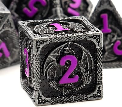 Haxtec Metal DND Dice Set, 7 Pcs Dragon Pattern Polyhedral Dice for RPG | Purple Numbers D&D Dice with Leather Bag, Compatible with Dungeons and Dragons, Matte Black Heavy Metallic, MTG Gifts