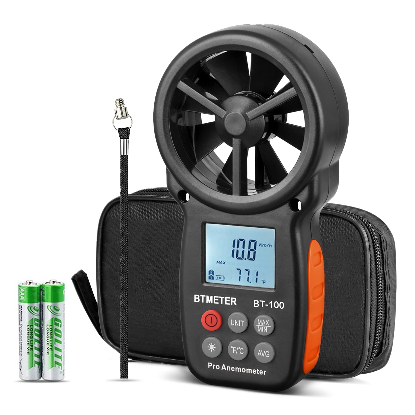 BTMETER BT-100 Anemómetro Portatil, Digital Anemómetro de Mano del viento de Pantalla LCD Medidor de Velocidad Viento Aire con Luz de Fondo MAX/MIN para Vela