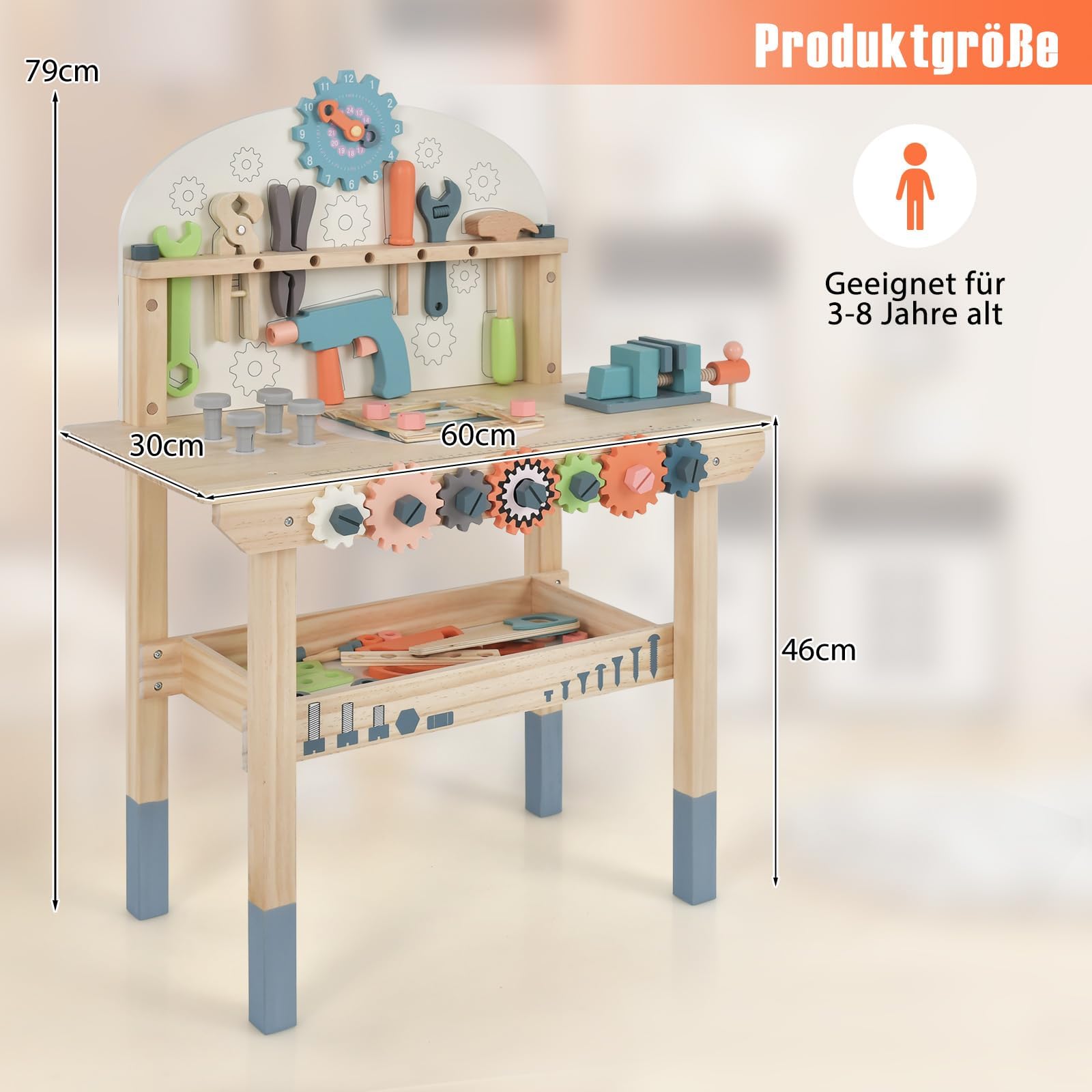 FANTASK Werkzeugbank für Kinder, Spielwerkbank Holz mit magnetischem Gestell, Ablageregal & Zubehör, Werkstatt Werkbank mit Werkzeugen Set Montessori für Kinder ab 3 Jahren