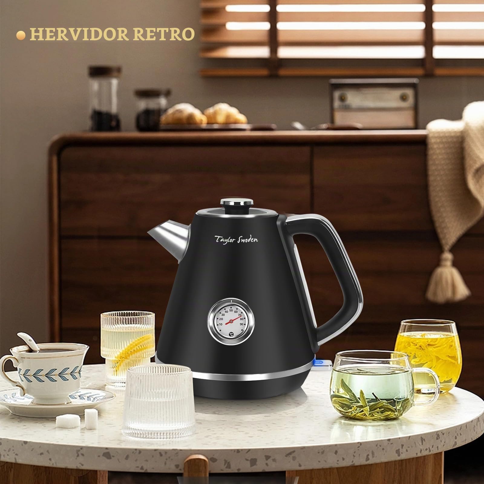 Taylor Swoden Aladin - Hervidor de agua eléctrico retro, 2200W, inalámbrico, diseño retro, 1,7 litros, acero inoxidable, apagado automático, ventana para visualizar la temperatura. | Con indicador de temperatura analógico, indicador de nivel de agua ilumi