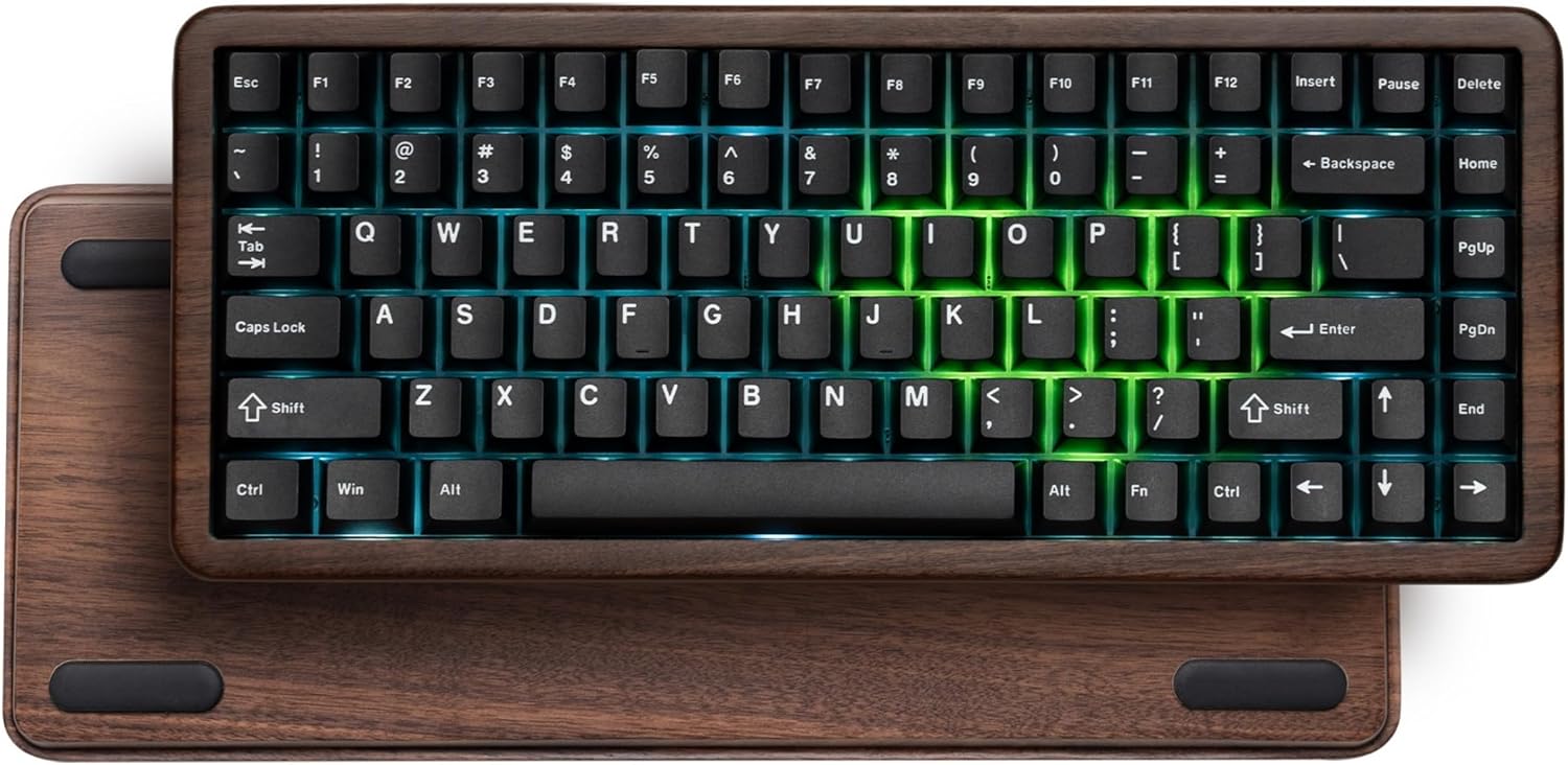 Womier 75% Mechanical Keyboard Wireless with Wood Natural, WD75 V2 QMK/VIA Gaming Creamy Keyboard 8000mAh Battery, Tri-Mode Key Board RGB Hot Swappable with PBT Keycaps-POM Linear Switch,Black