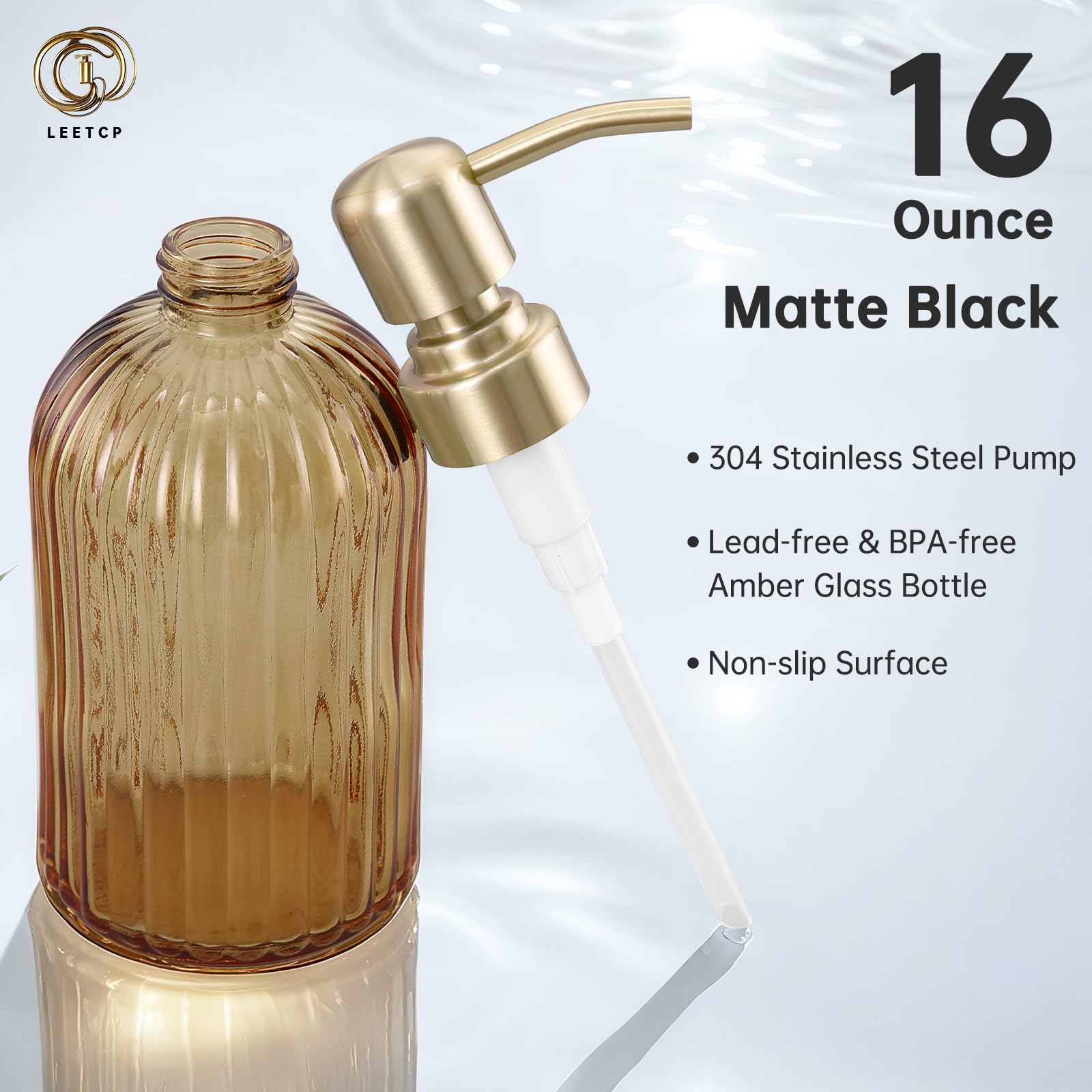 Dispenser di sapone in vetro ambrato, 473 ml, vetro marrone a righe ambrate, pompa oro spazzolato, confezione da 2, per bagno e cucina