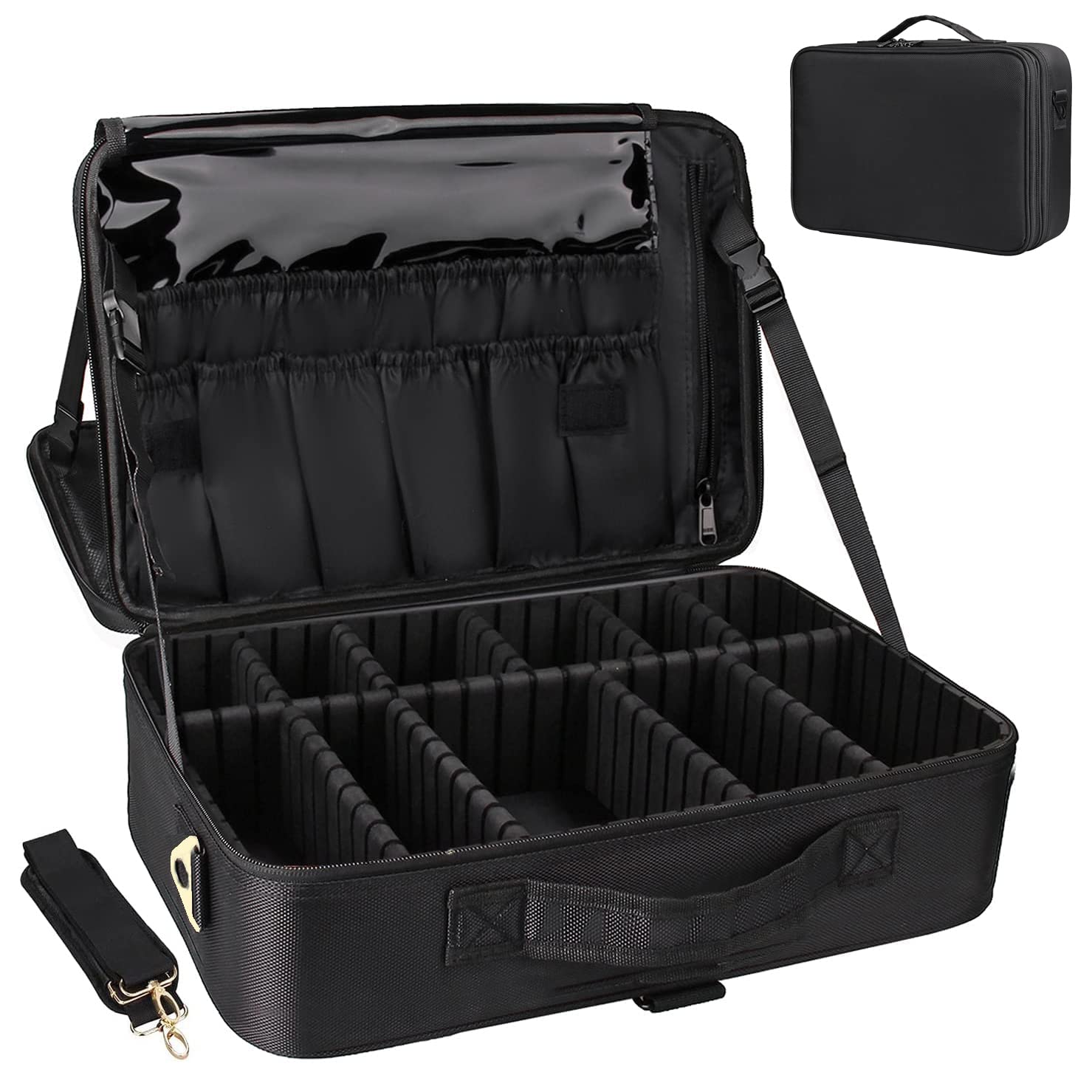 Cosmetic Bag, Makeup Organizer Bag for Home & Travel, Professional Use, Large Vanity Bag with Dividers for Brushes, Toiletries, Cosmetics 40 x 29 x 16 cm- Black Nylon - Large