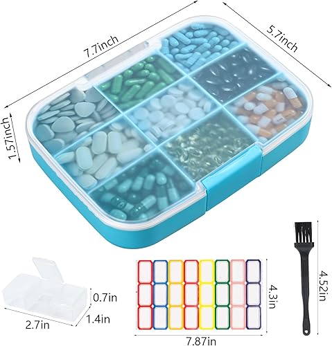 Miniatura 2 de Organizador de píldoras grande, organizador de píldoras de 9 compartimentos con 2 pastilleros adicionales y cepillo para almacenar medicamentos