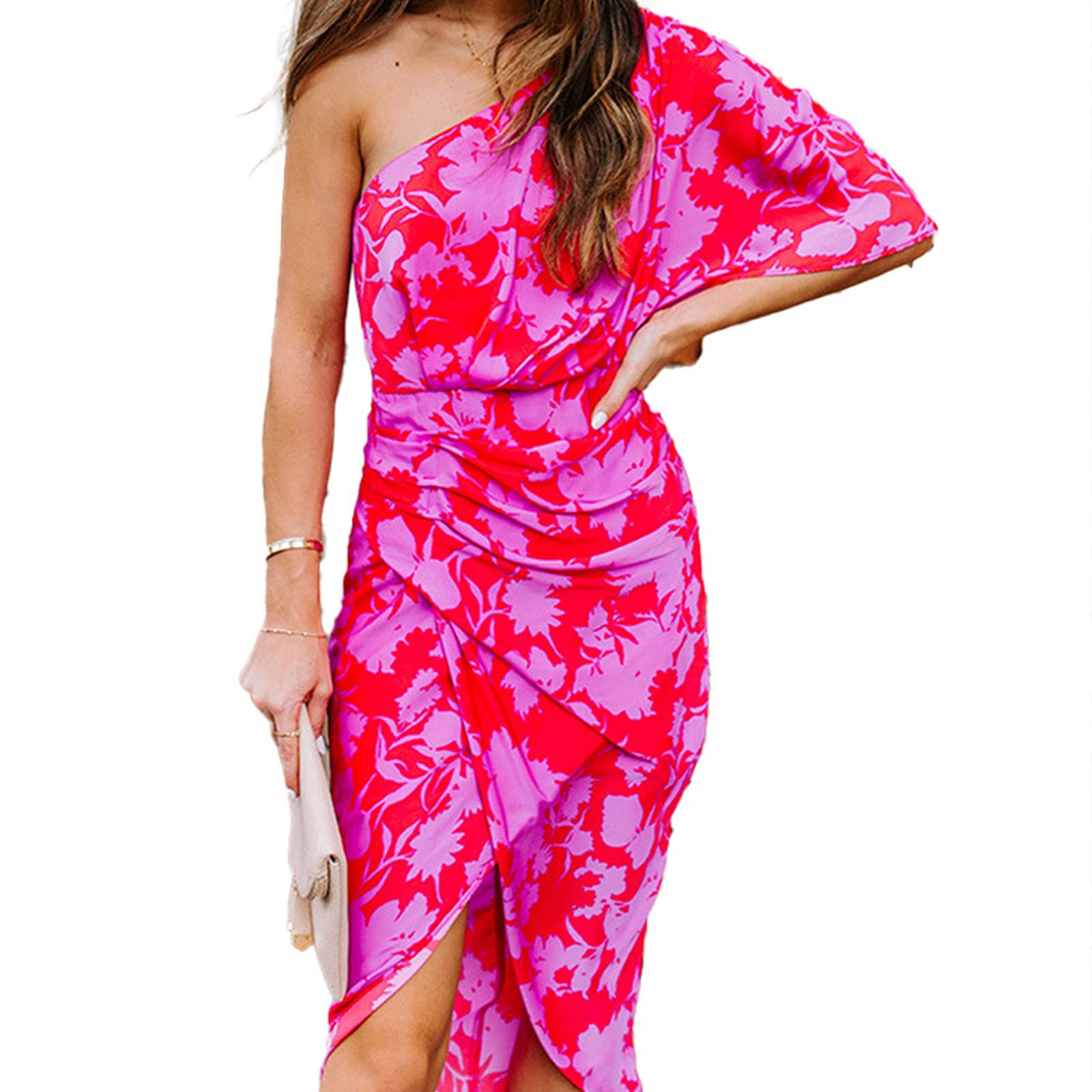 Blansdi Women Off One Shoulder Irregular Wrap Slit Dress Half Sleeve Ruched Midi Dress