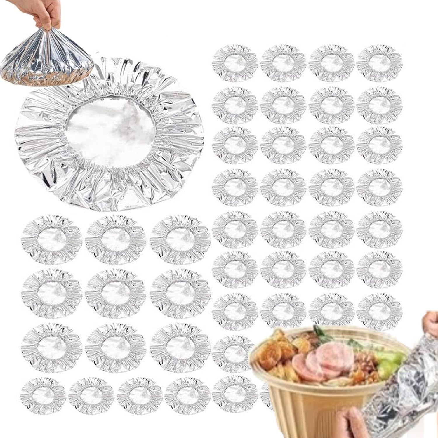 50pcs Repeatable Aluminium Foil Film Insulation Cover,Aluminium Foil Film Insulation Food Cover,Kitchen Fresh-Keeping Insulation Film,Fruit Cling Wrap,Elastic Bowl Covers-image-7