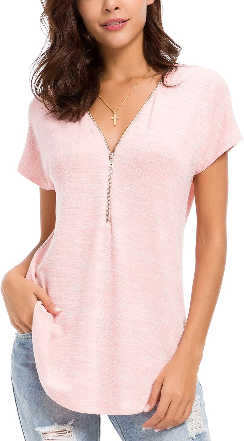 LUSMAY Women’s Casual Zipper V Neck Short Sleeve Tunic Tops Loose Fitting T Shirts Blouse