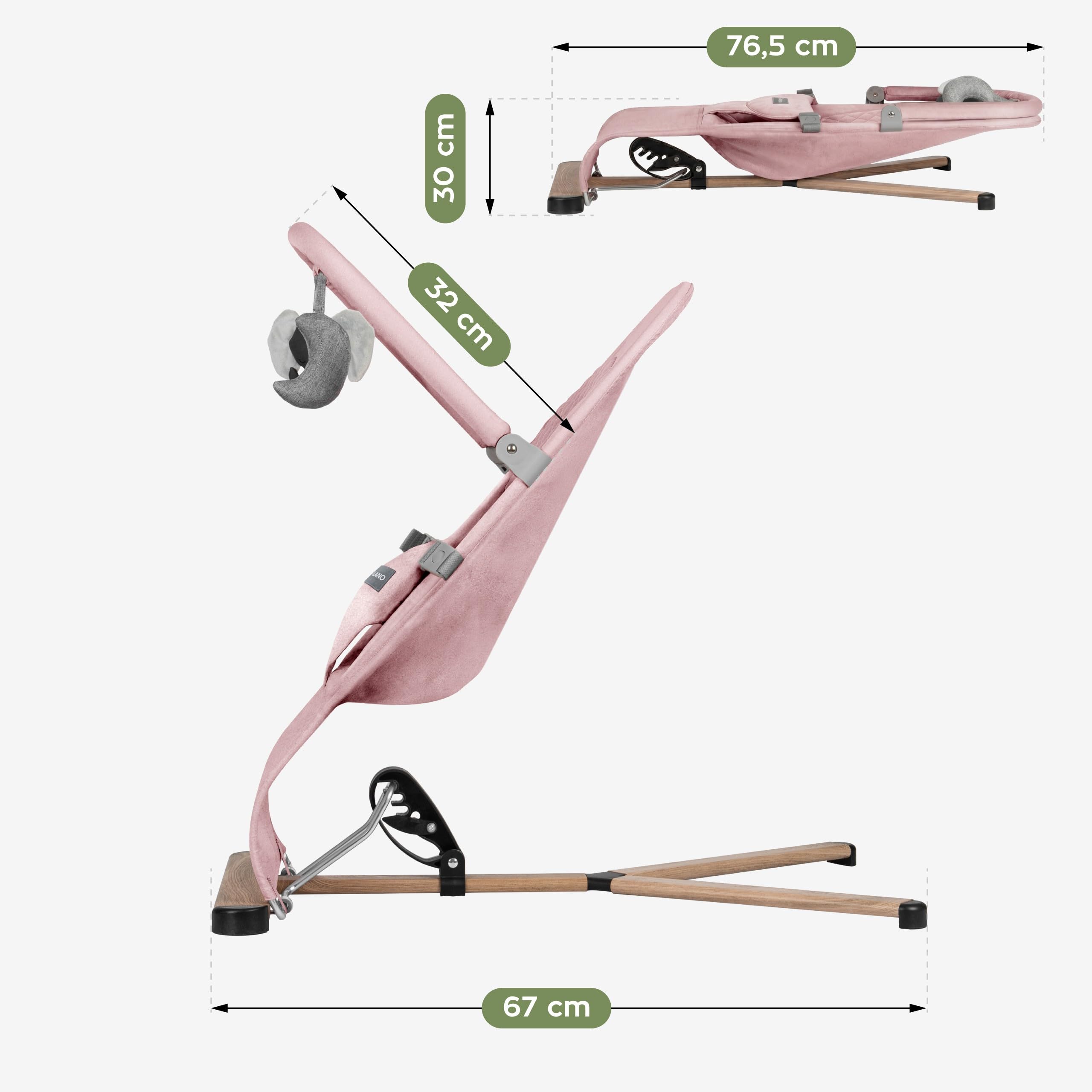 TULANO Moon 30 Ergonomiczne leżaki dla niemowląt z łukiem do zabawy, naturalne kołysanie bez prądu, regulowane i składane oparcie, 3-punktowa uprząż dla dzieci, bardzo miękka i oddychająca - różowa